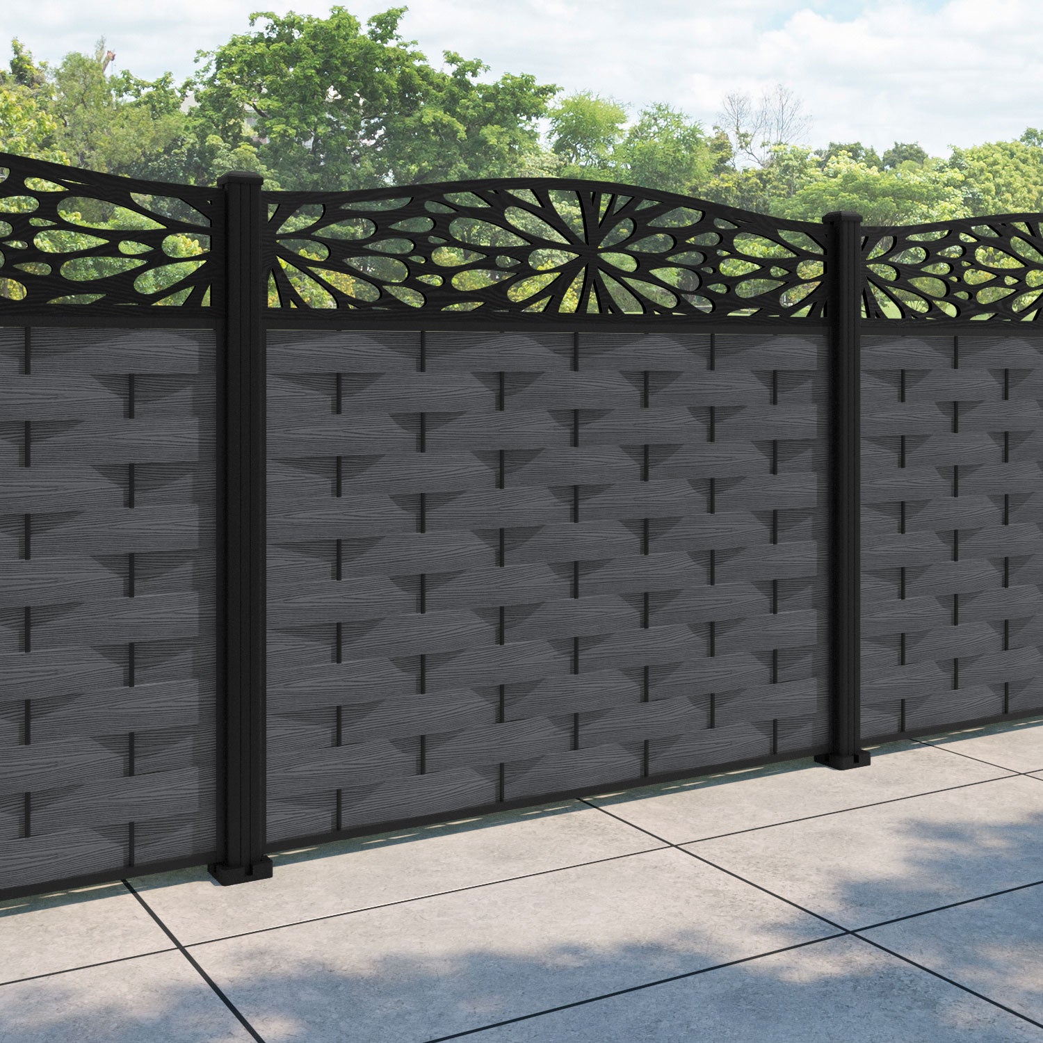 Ripple Blossom Curved Top Fence Panel - Dark Grey - with our aluminium posts