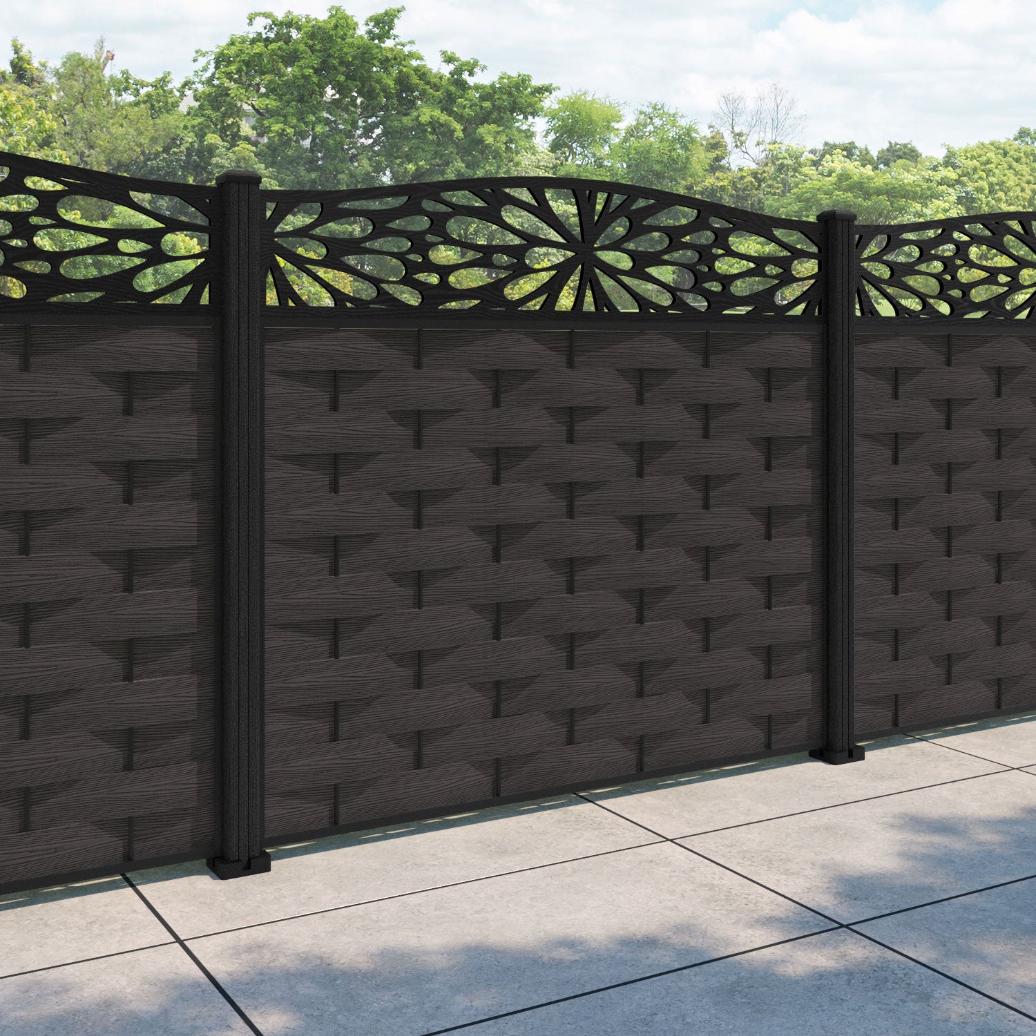 Ripple Blossom Curved Top Fence Panel - Dark Oak - with our composite posts