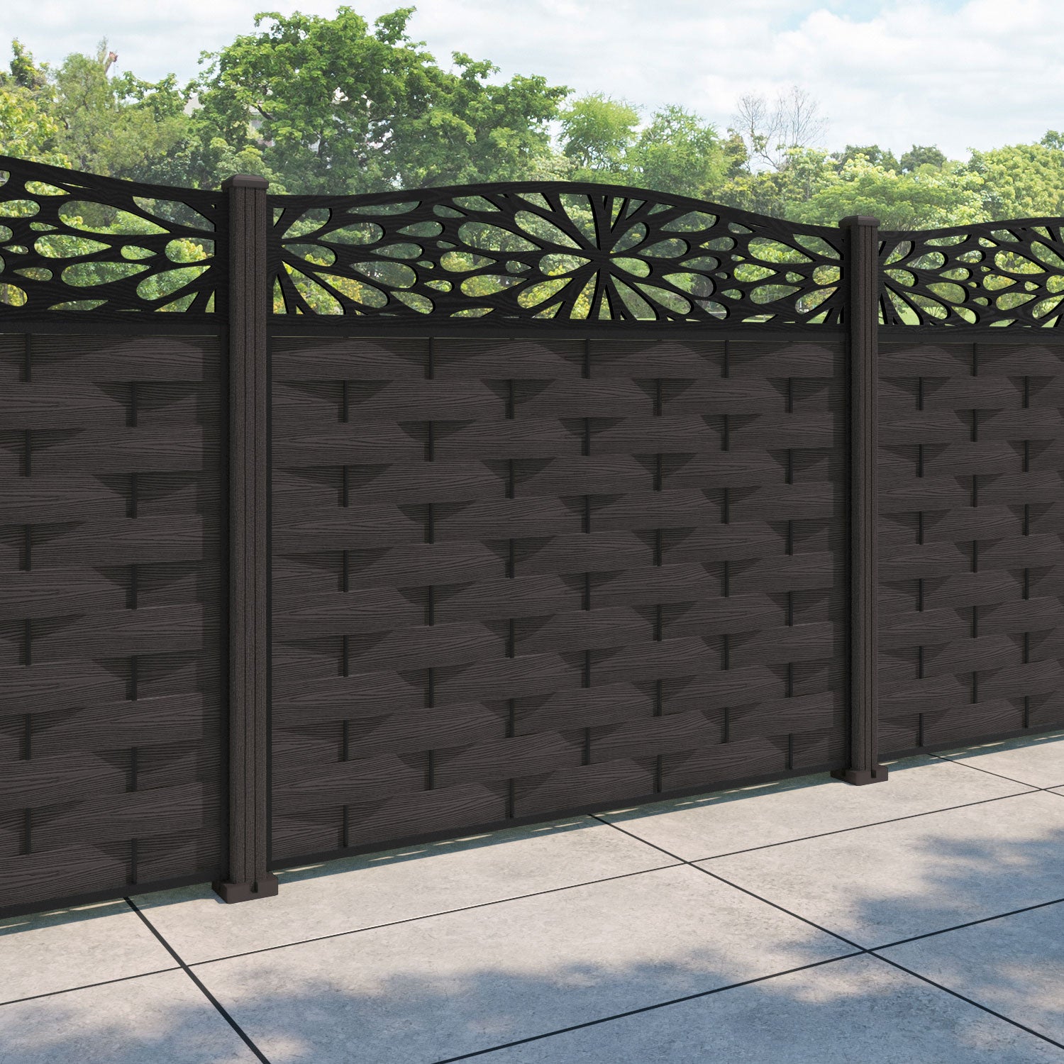 Ripple Blossom Curved Top Fence Panel - Dark Oak - with our composite posts