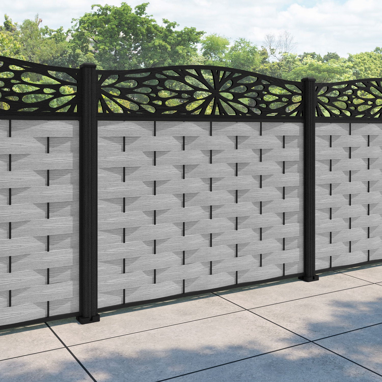Ripple Blossom Curved Top Fence Panel - Light Grey - with our composite posts