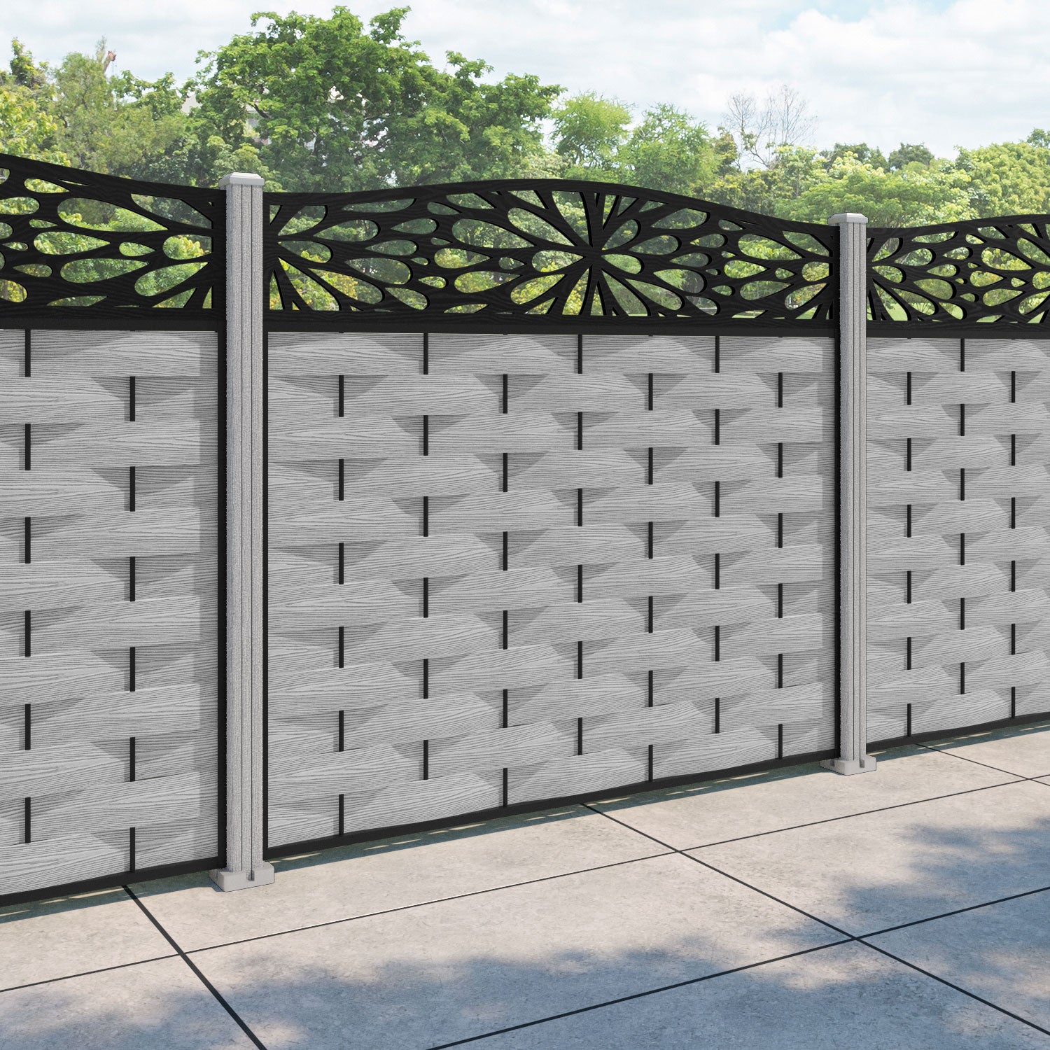 Ripple Blossom Curved Top Fence Panel - Light Grey - with our composite posts