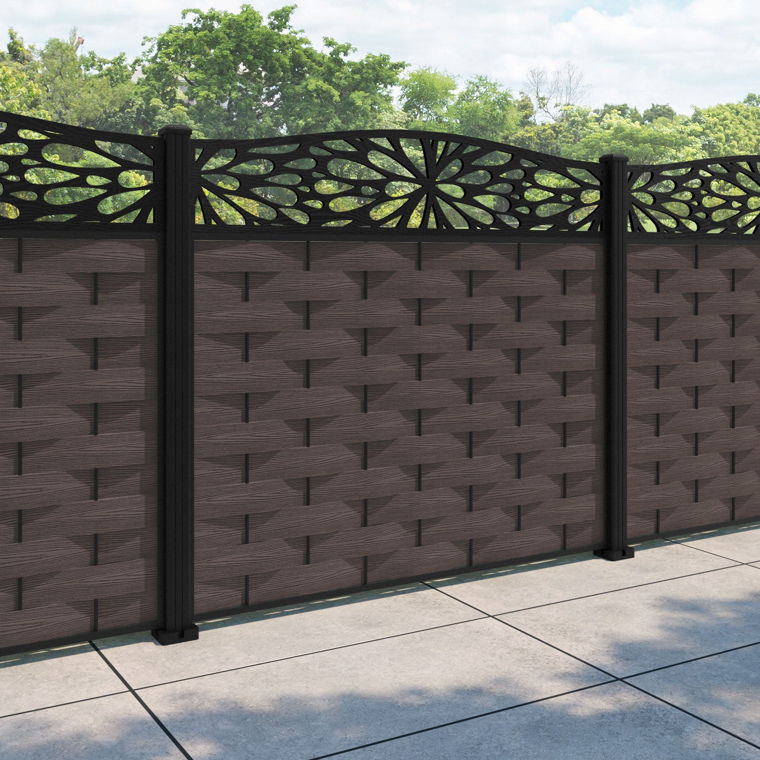 Ripple Blossom Curved Top Fence Panel - Mid Brown - with our aluminium posts