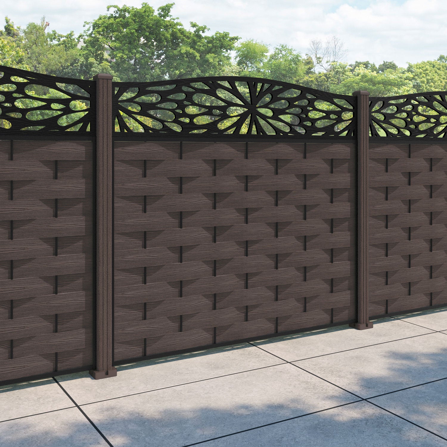 Ripple Blossom Curved Top Fence Panel - Mid Brown - with our composite posts