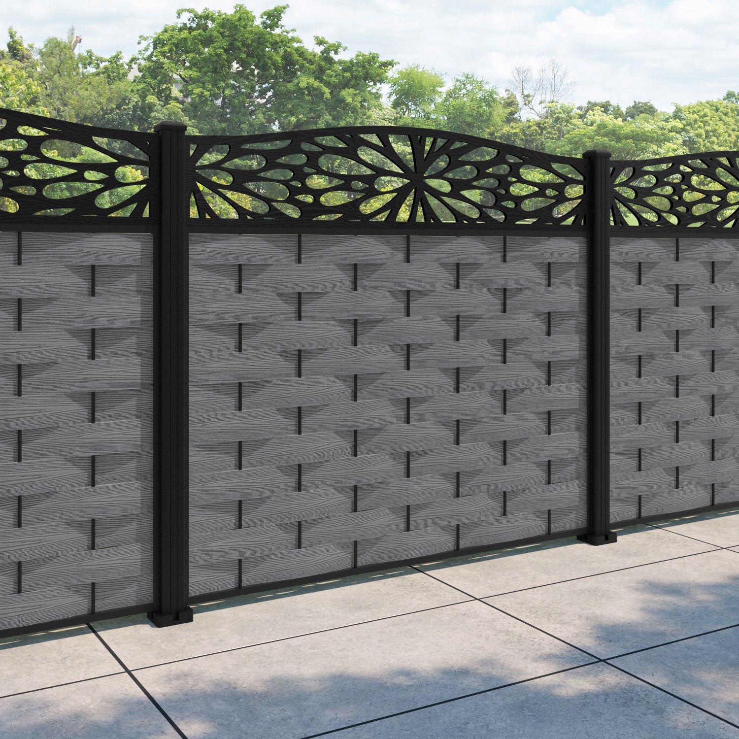 Ripple Blossom Curved Top Fence Panel - Mid Grey - with our aluminium posts