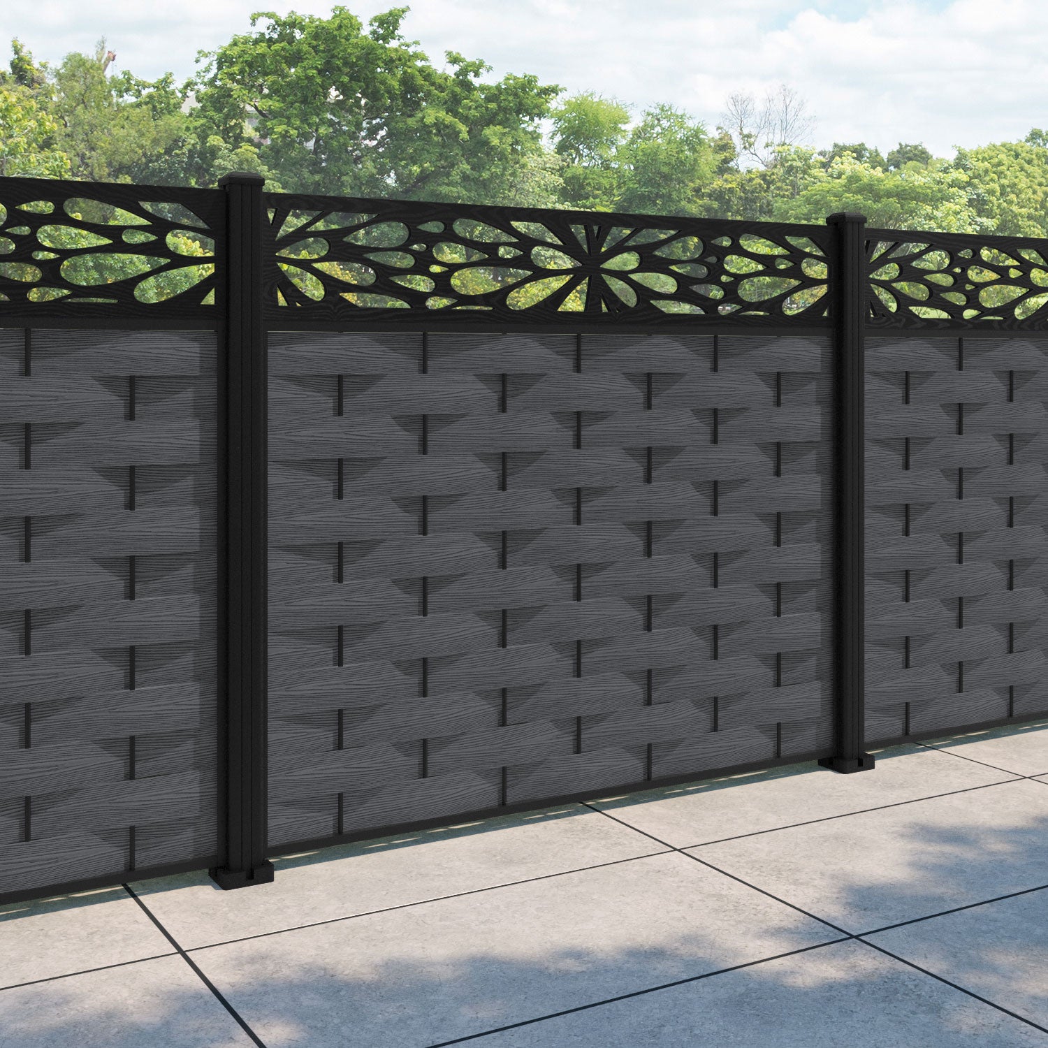 Ripple Blossom Fence Panel - Dark Grey - with our aluminium posts