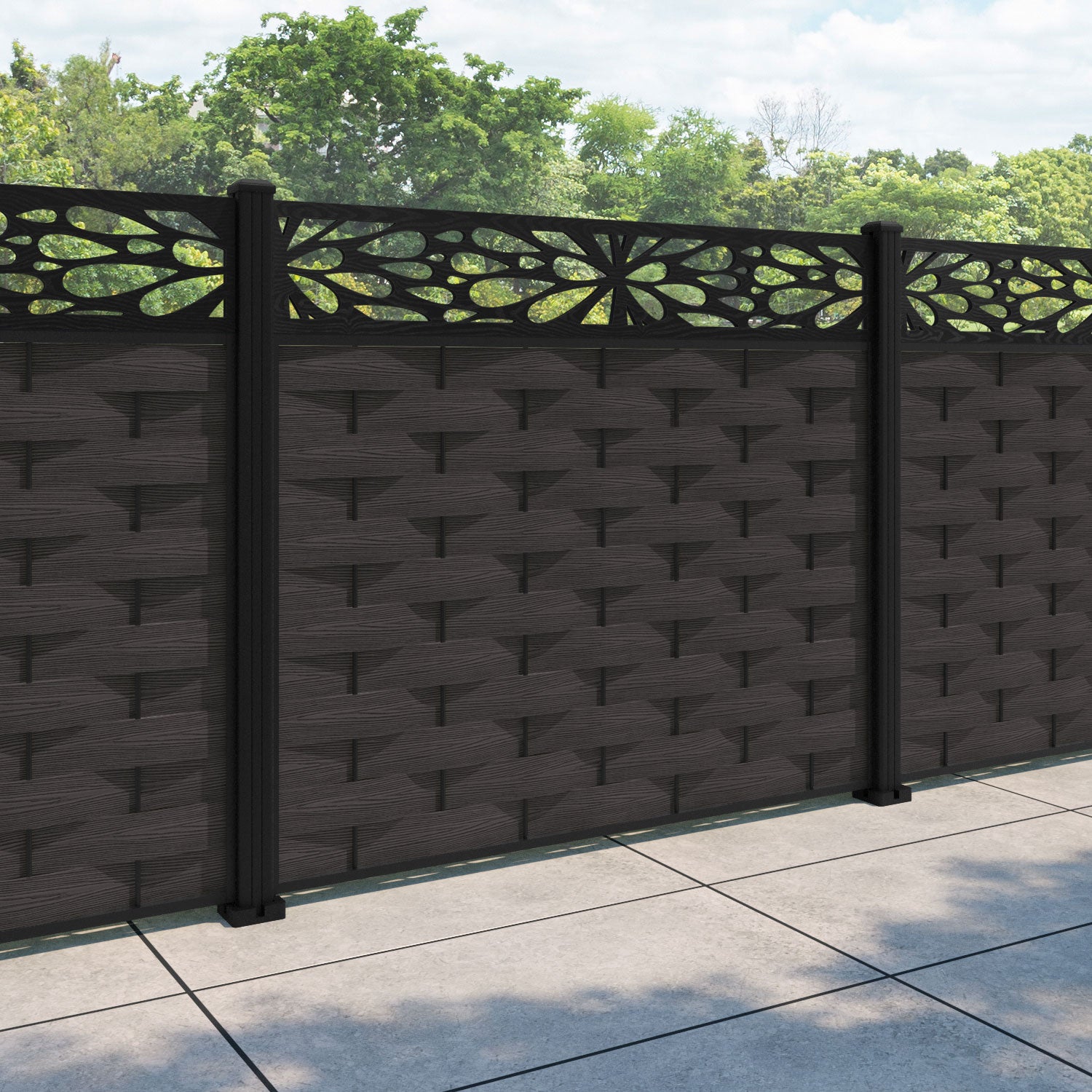 Ripple Blossom Fence Panel - Dark Oak - with our aluminium posts