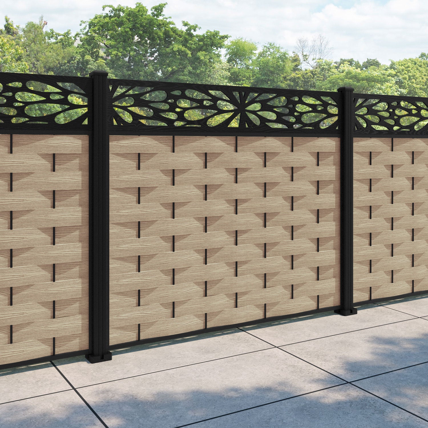 Ripple Blossom Fence Panel - Light Oak - with our aluminium posts