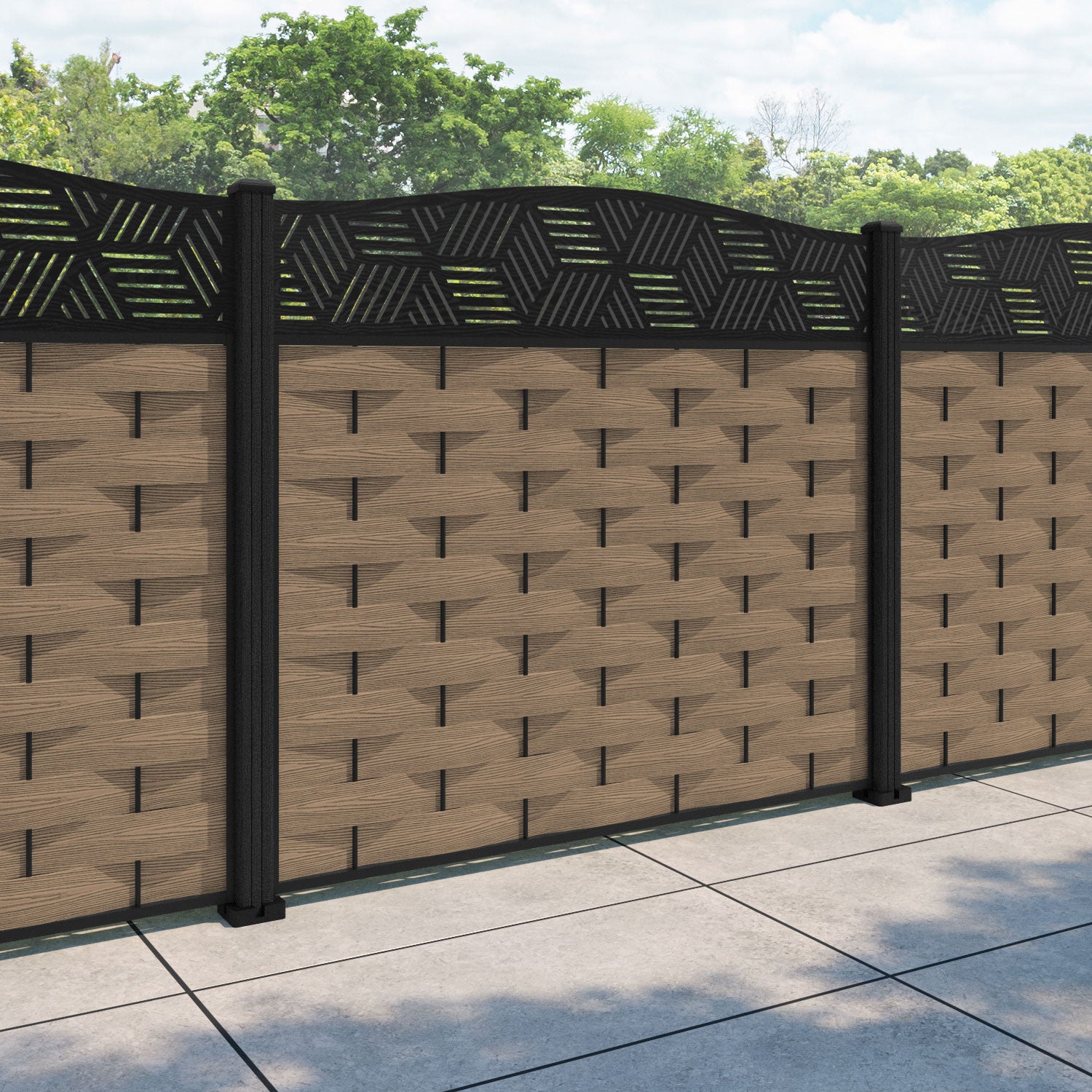 Ripple Cubed Curved Top Fence Panel - Teak - with our composite posts