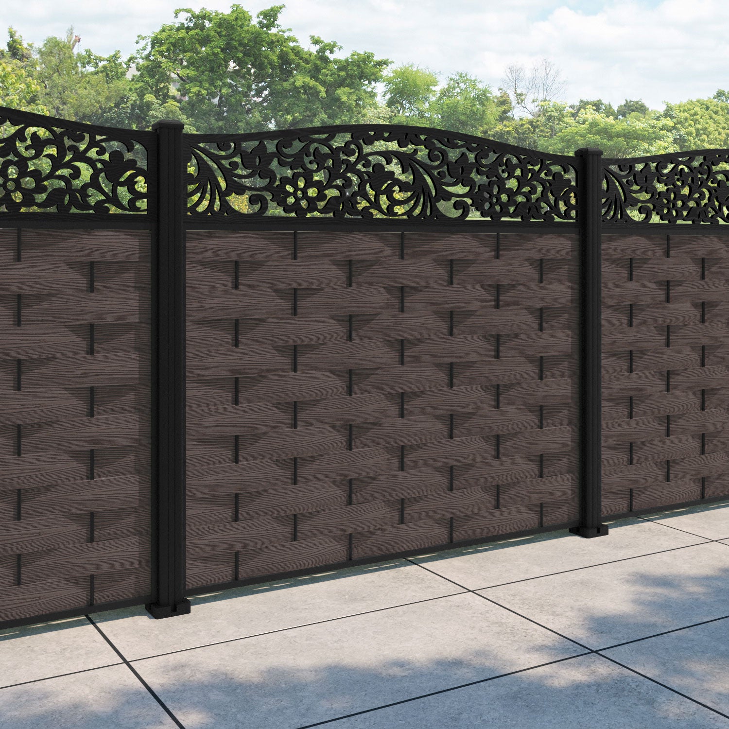 Ripple Eden Curved Top Fence Panel - Mid Brown - with our aluminium posts