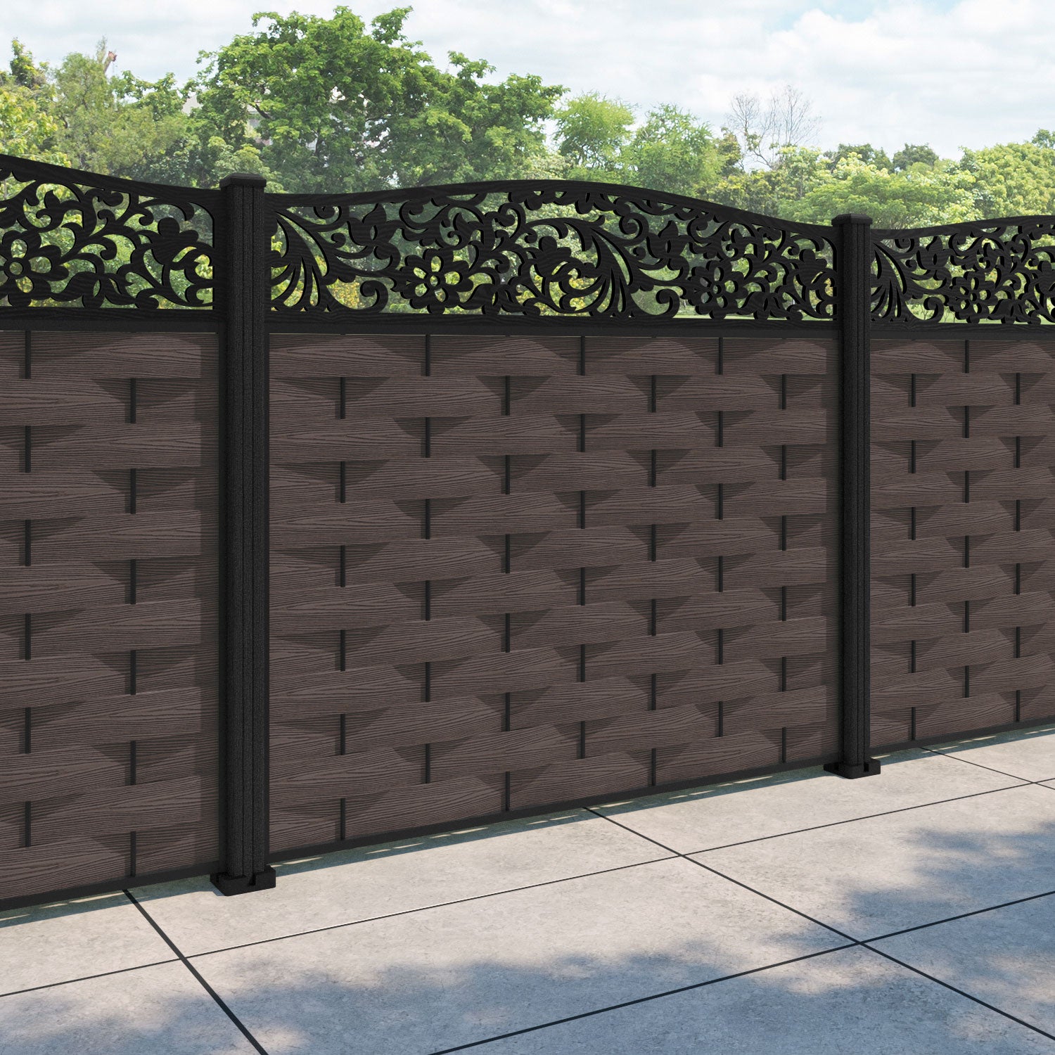 Ripple Eden Curved Top Fence Panel - Mid Brown - with our composite posts