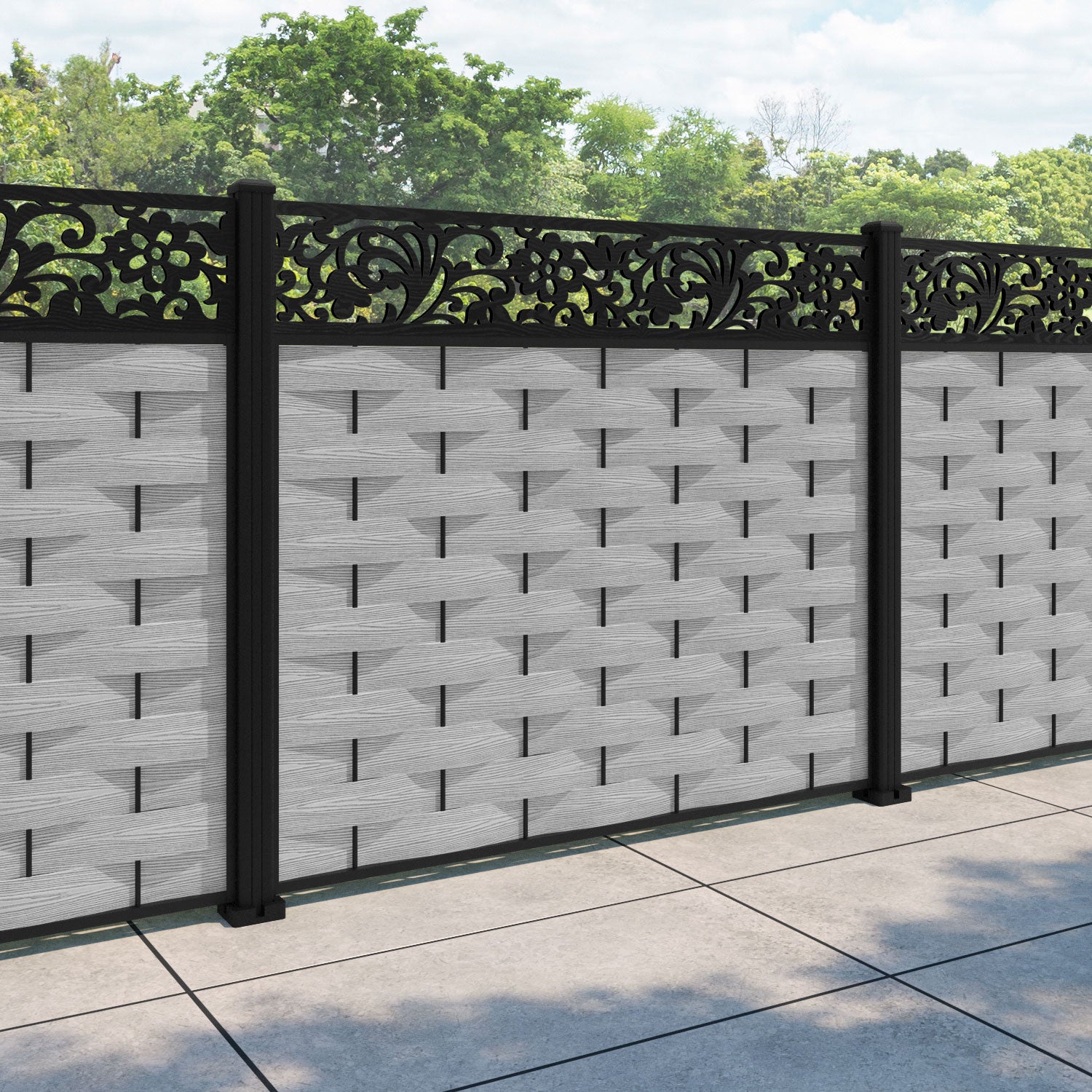 Ripple Eden Fence Panel - Light Grey - with our aluminium posts