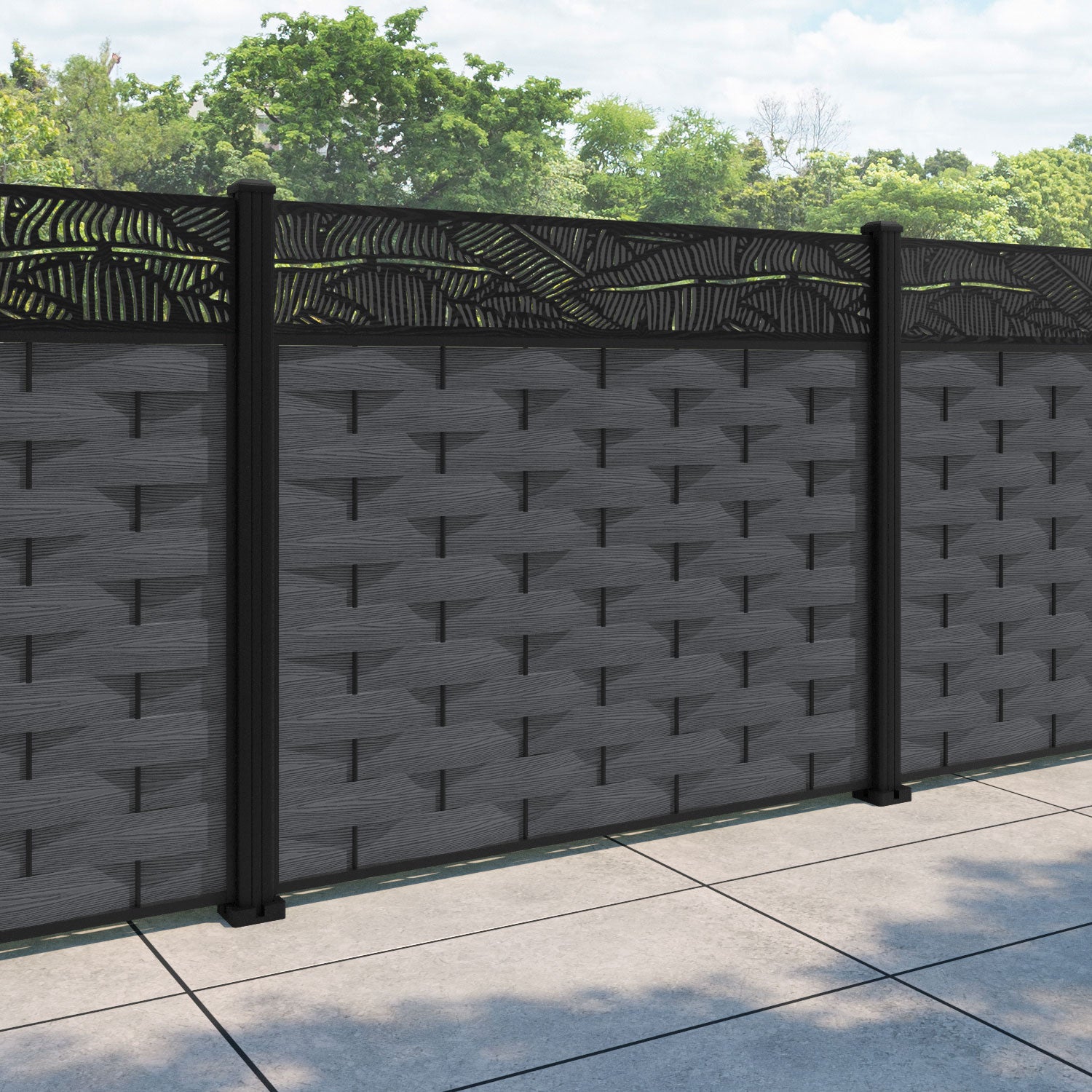 Ripple Feather Fence Panel - Dark Grey - with our aluminium posts