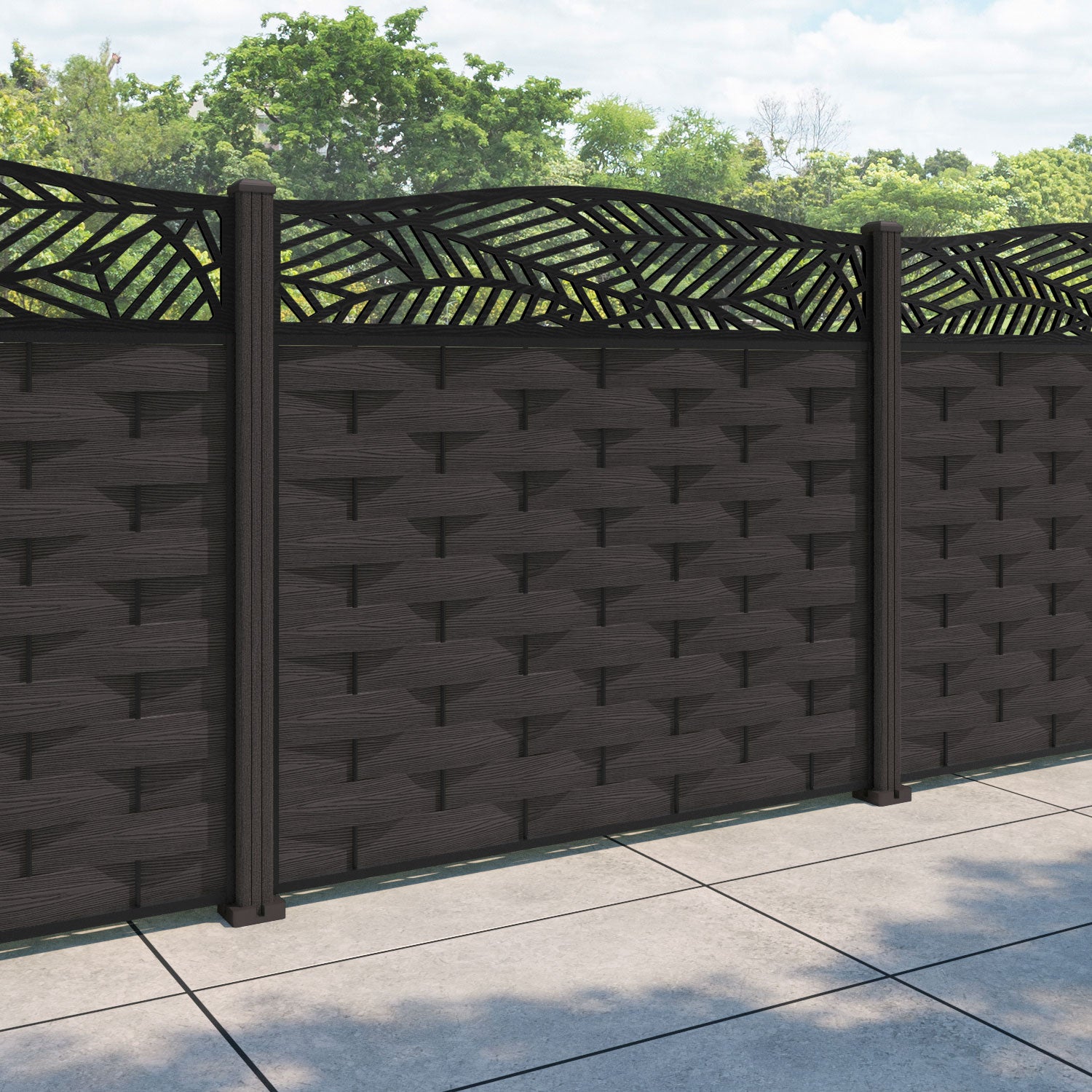 Ripple Habitat Curved Top Fence Panel - Dark Oak - with our composite posts
