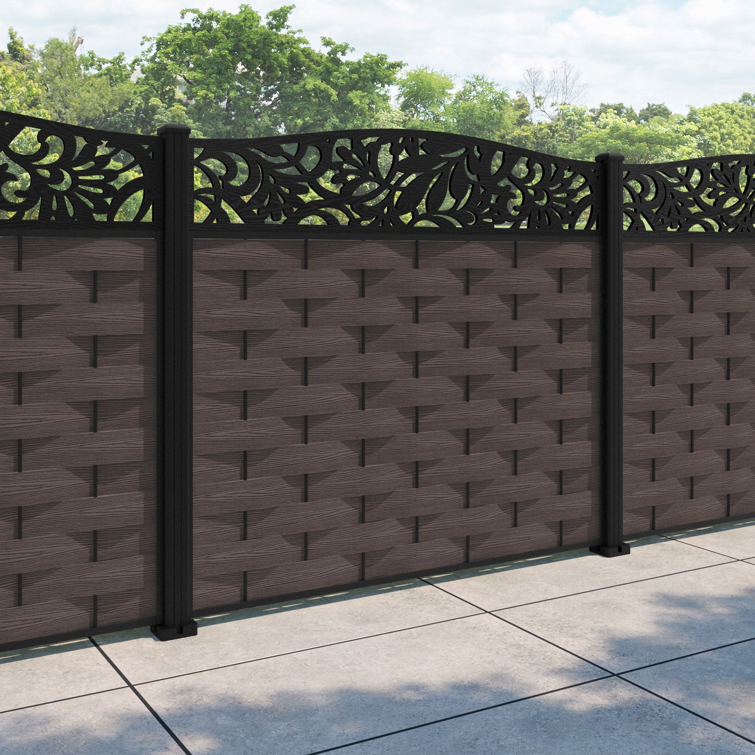 Ripple Heritage Curved Top Fence Panel - Mid Brown - with our aluminium posts