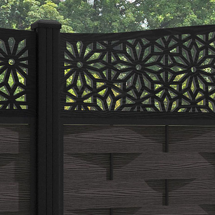Ripple Narwa Curved Top Fence Panel - Dark Oak - with our aluminium posts