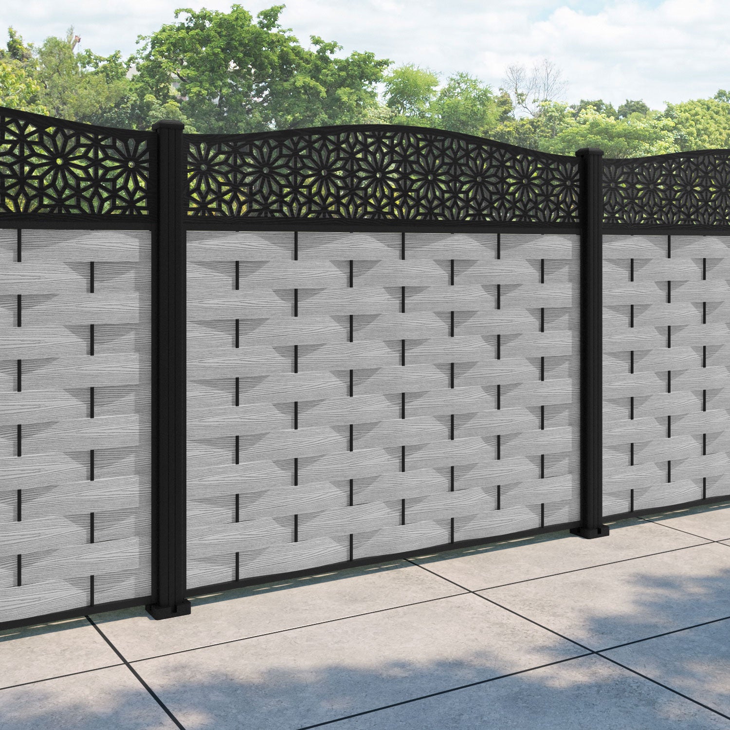 Ripple Narwa Curved Top Fence Panel - Light Grey - with our aluminium posts