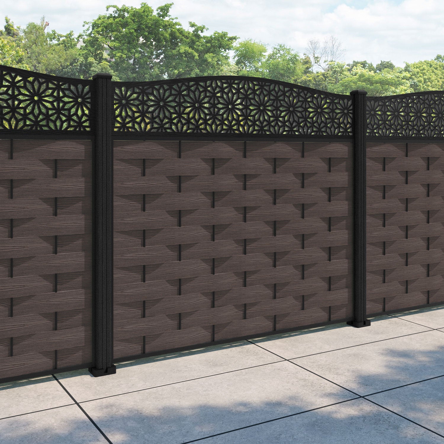 Ripple Narwa Curved Top Fence Panel - Mid Brown - with our composite posts