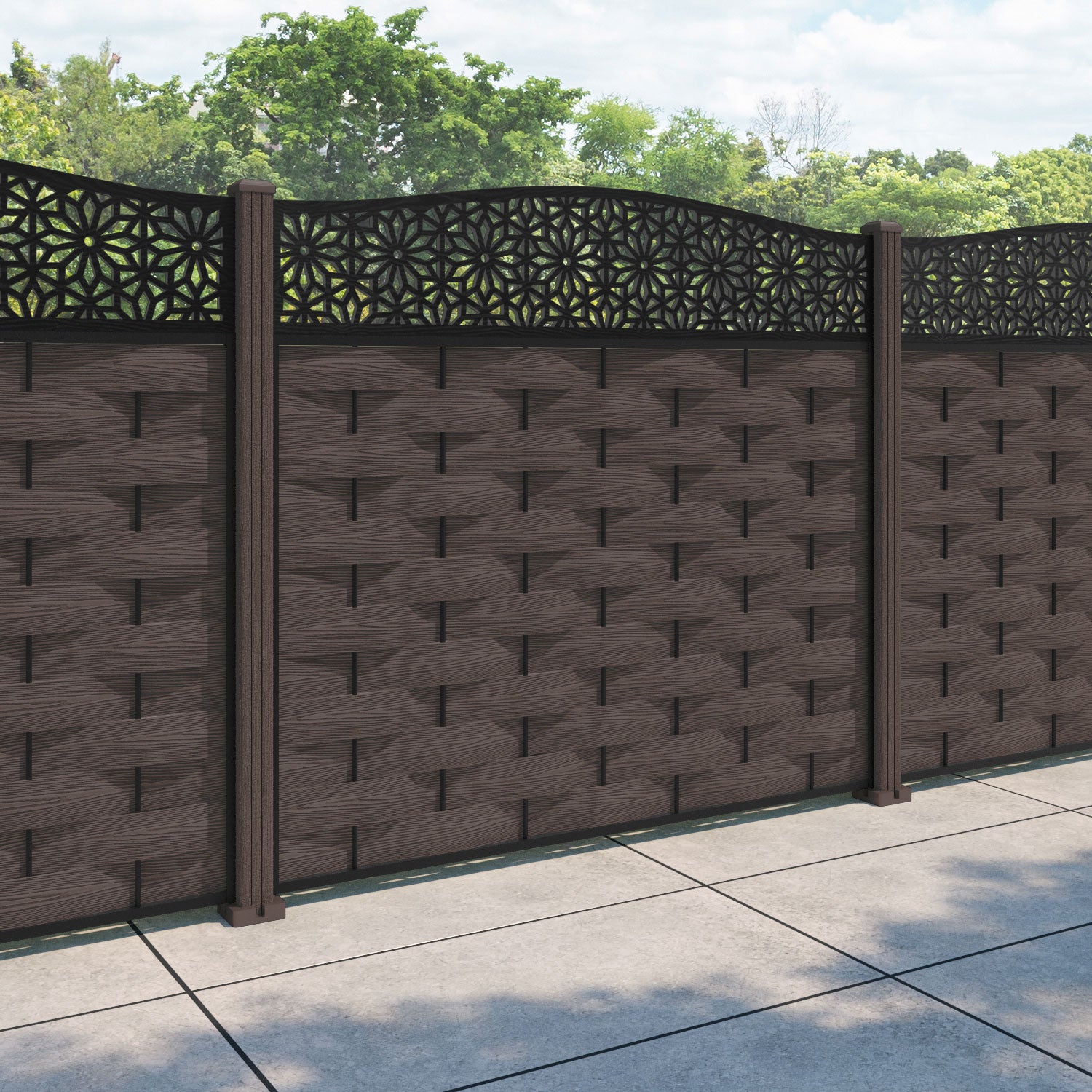 Ripple Narwa Curved Top Fence Panel - Mid Brown - with our composite posts