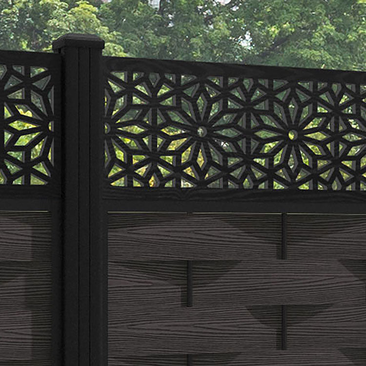 Ripple Narwa Fence Panel - Dark Oak - with our aluminium posts