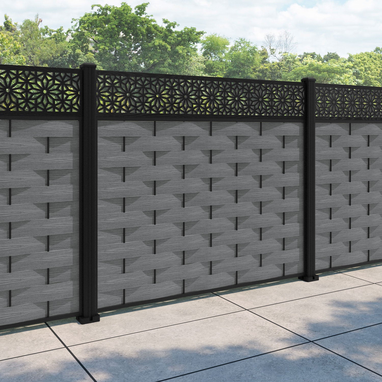 Ripple Narwa Fence Panel - Mid Grey - with our aluminium posts