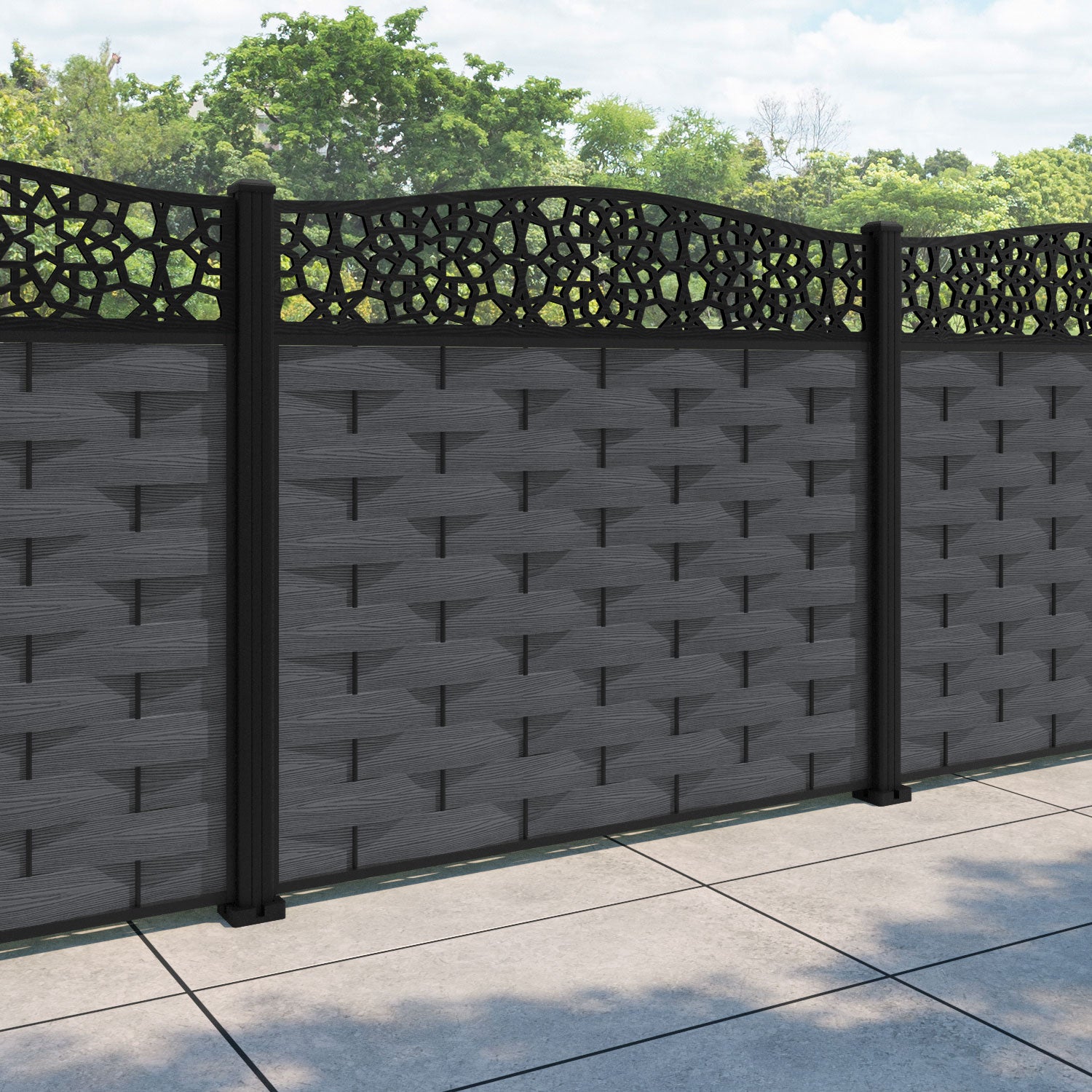 Ripple Nazira Curved Top Fence Panel - Dark Grey - with our aluminium posts