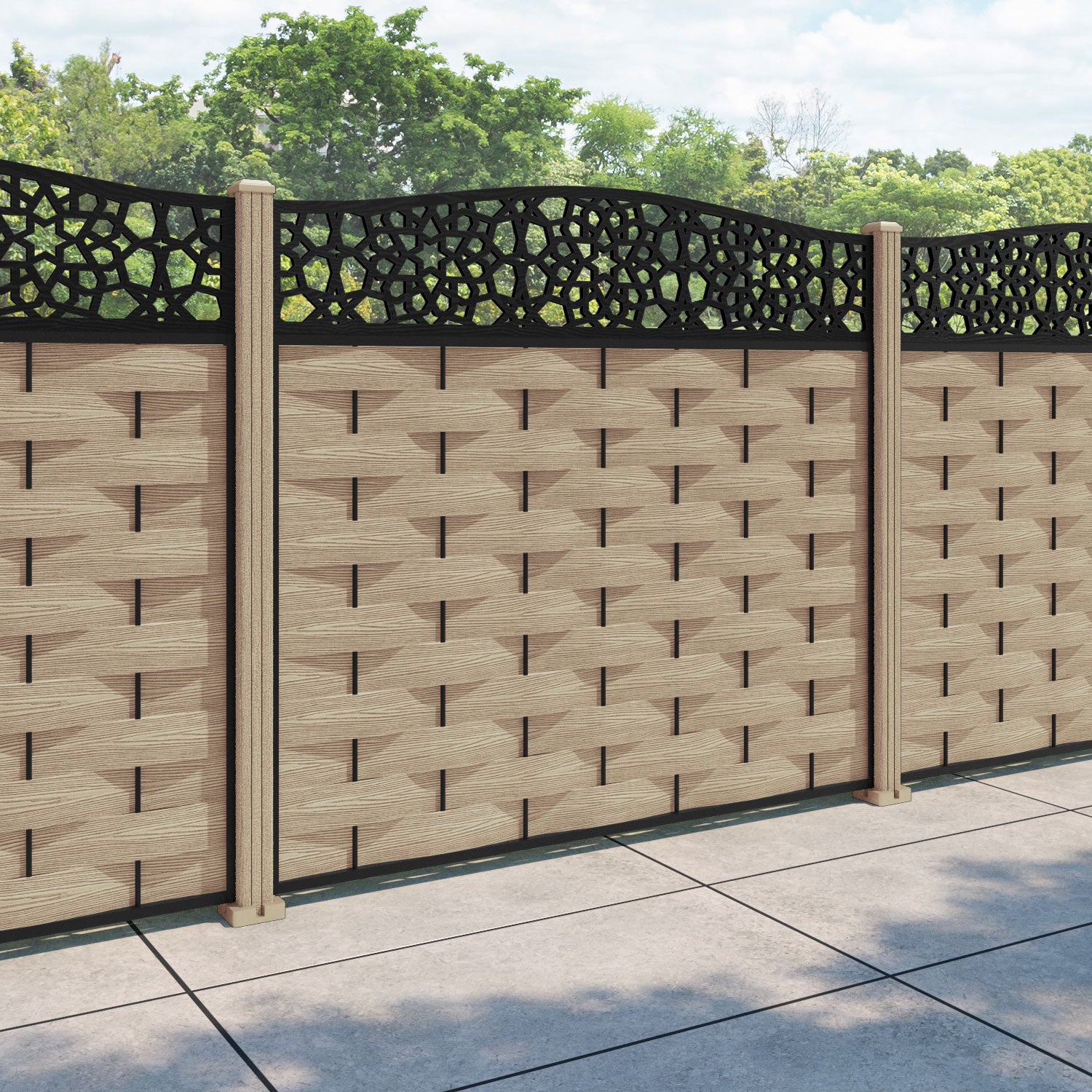 Ripple Nazira Curved Top Fence Panel - Light Oak - with our composite posts