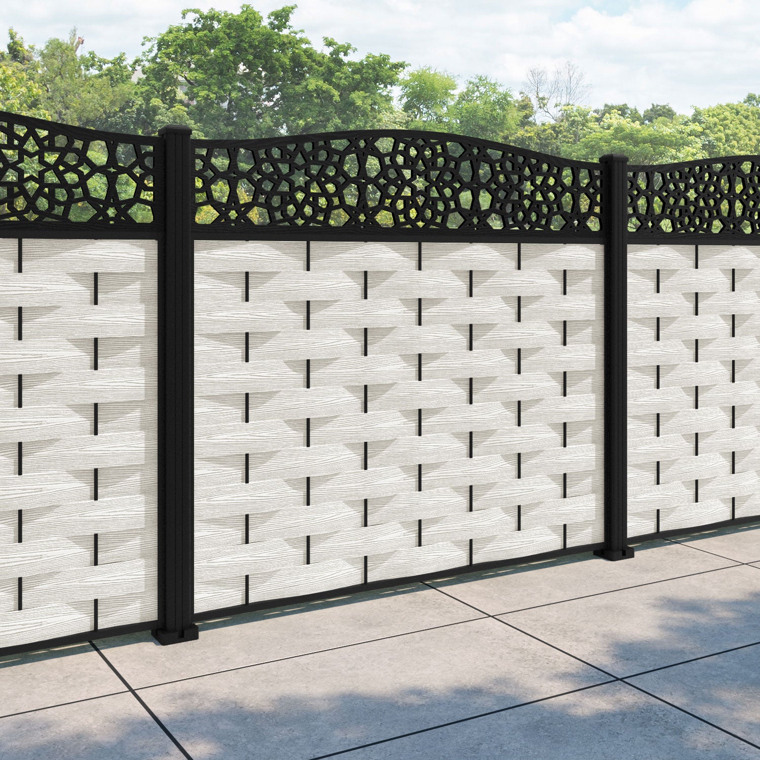 Ripple Nazira Curved Top Fence Panel - Light Stone - with our aluminium posts