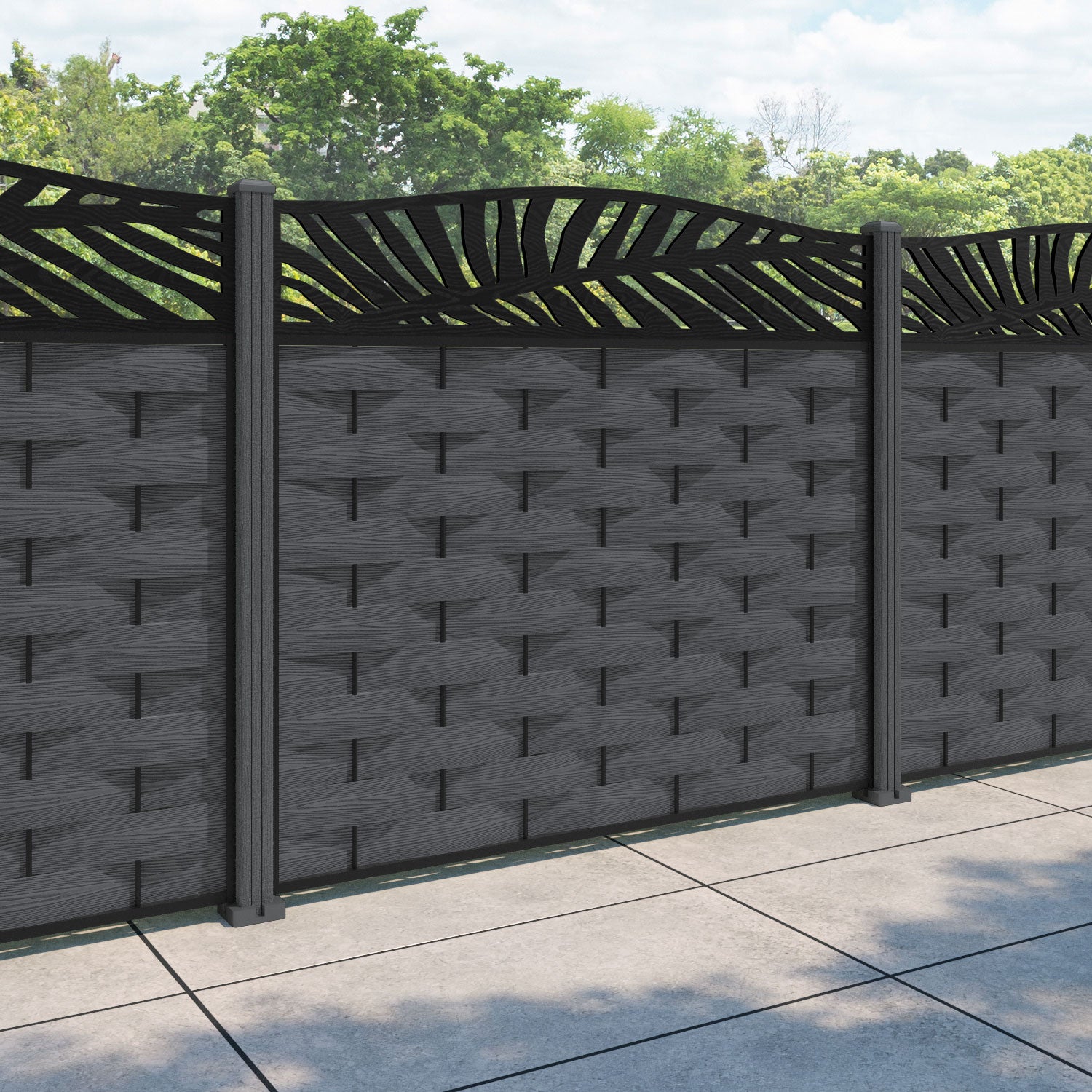 Ripple Palm Curved Top Fence Panel - Dark Grey - with our composite posts