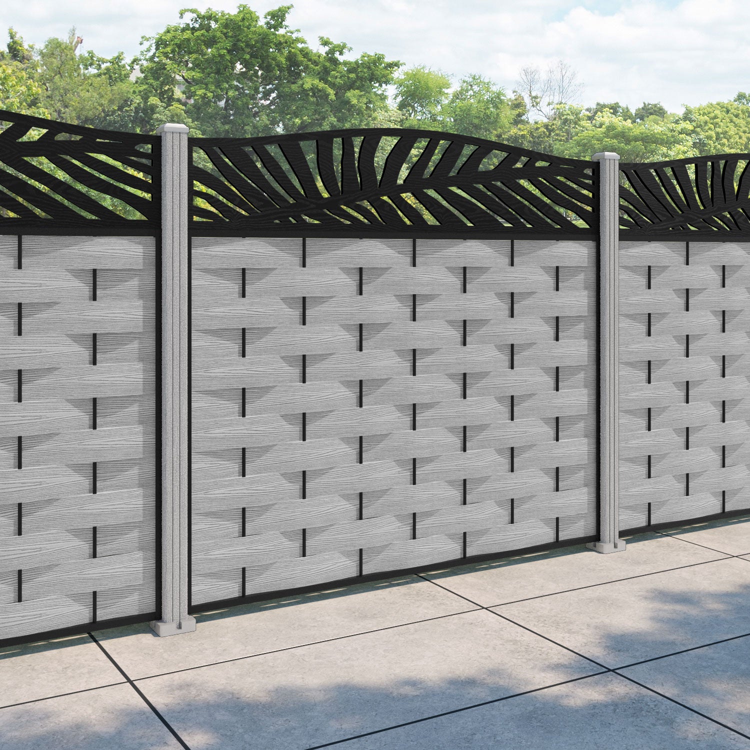 Ripple Palm Curved Top Fence Panel - Light Grey - with our composite posts