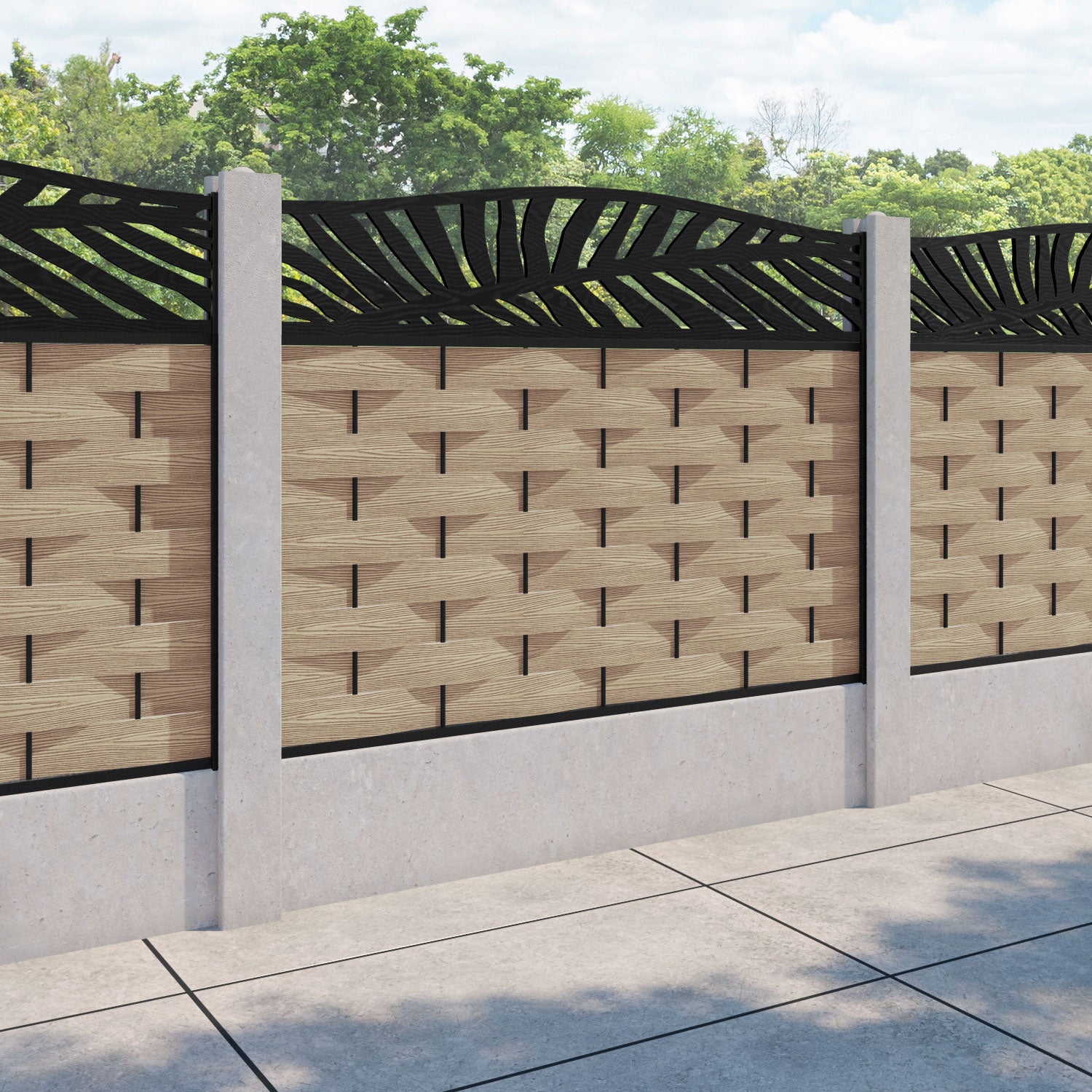 Ripple Palm Curved Top Fence Panel - Light Oak - for existing concrete posts