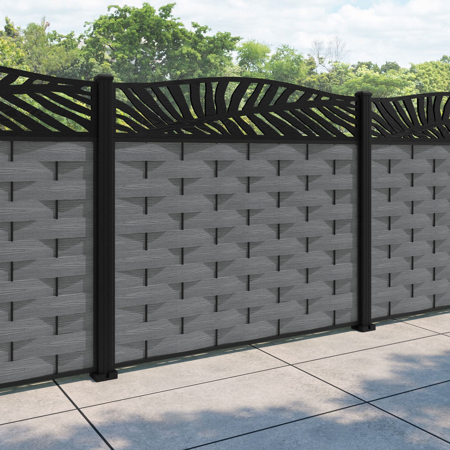 Ripple Palm Curved Top Fence Panel - Mid Grey - with our aluminium posts