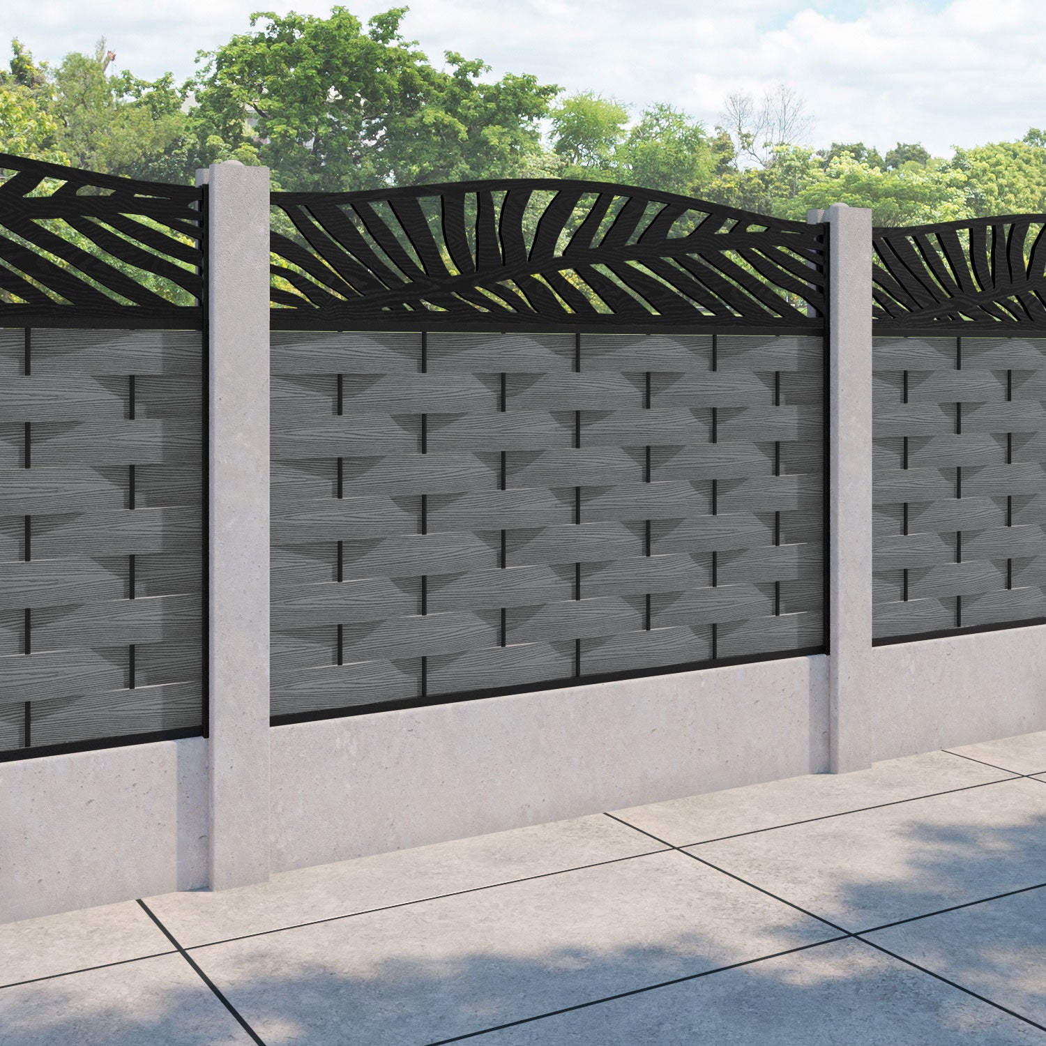 Ripple Palm Curved Top Fence Panel - Mid Grey - for existing concrete posts