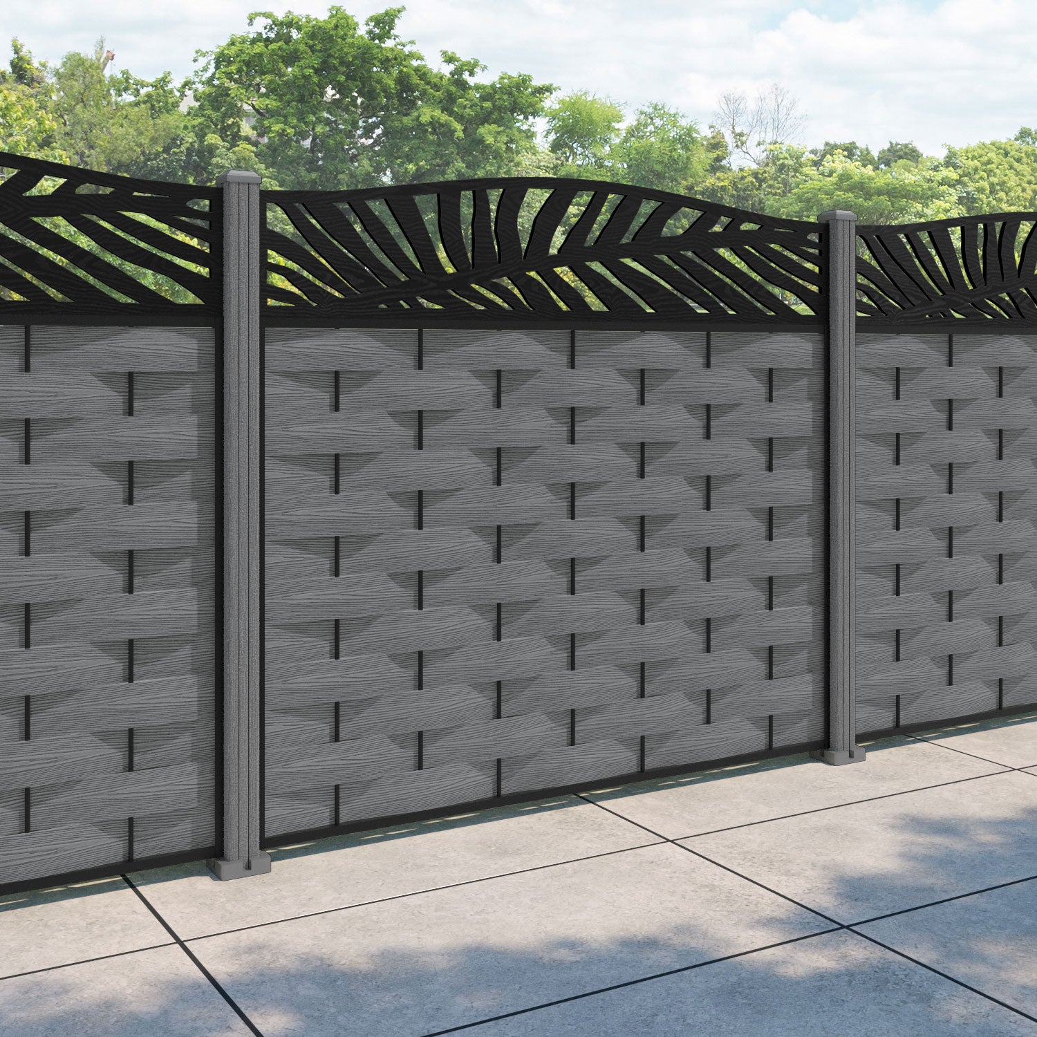 Ripple Palm Curved Top Fence Panel - Mid Grey - with our composite posts