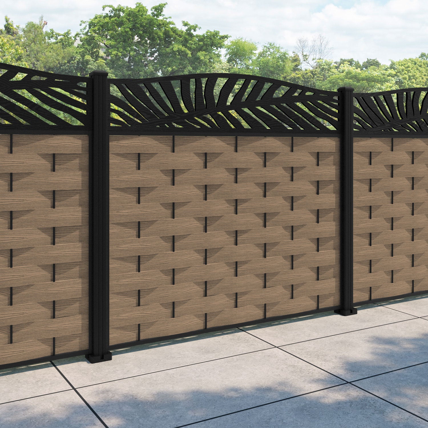 Ripple Palm Curved Top Fence Panel - Teak - with our aluminium posts