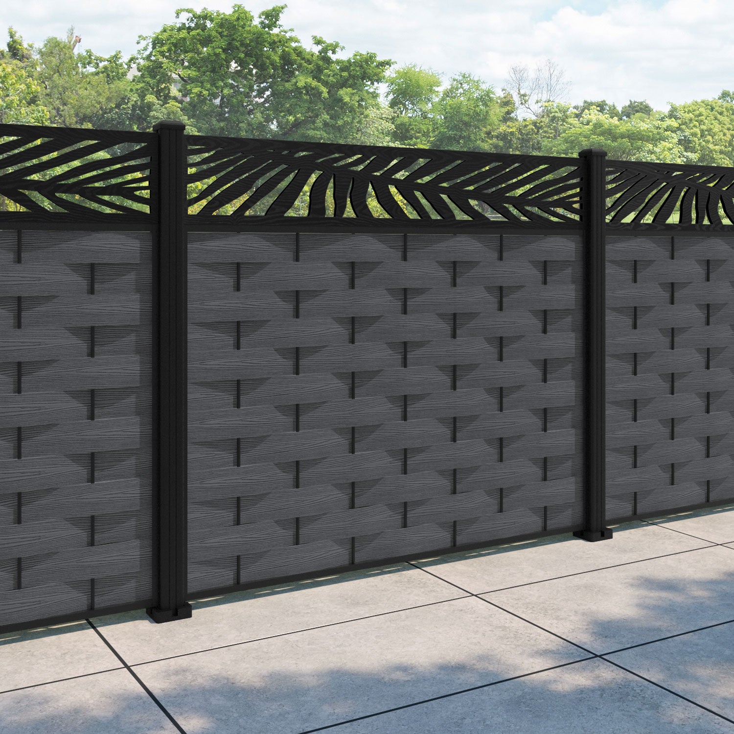 Ripple Palm Fence Panel - Dark Grey - with our aluminium posts