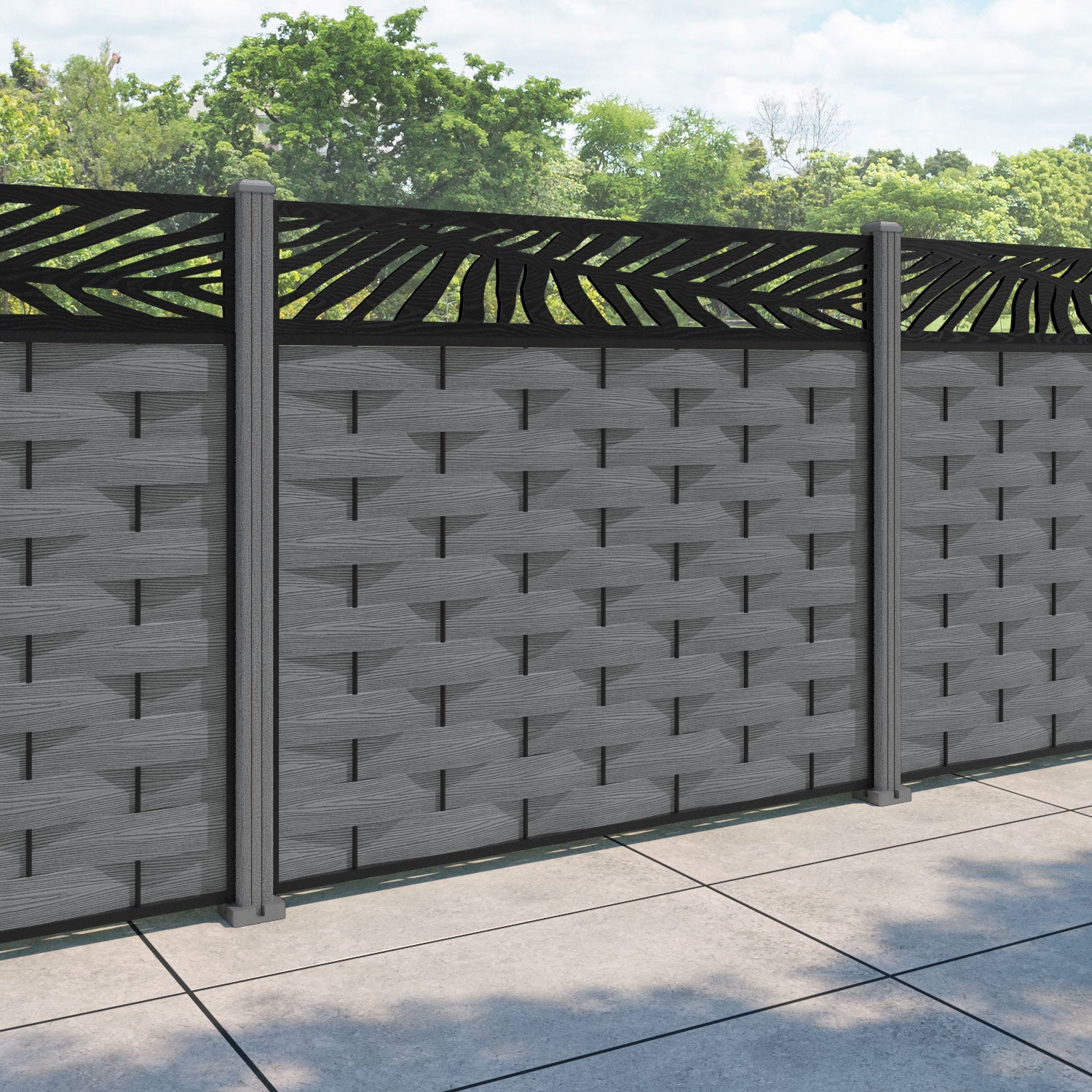 Ripple Palm Fence Panel - Mid Grey - with our composite posts