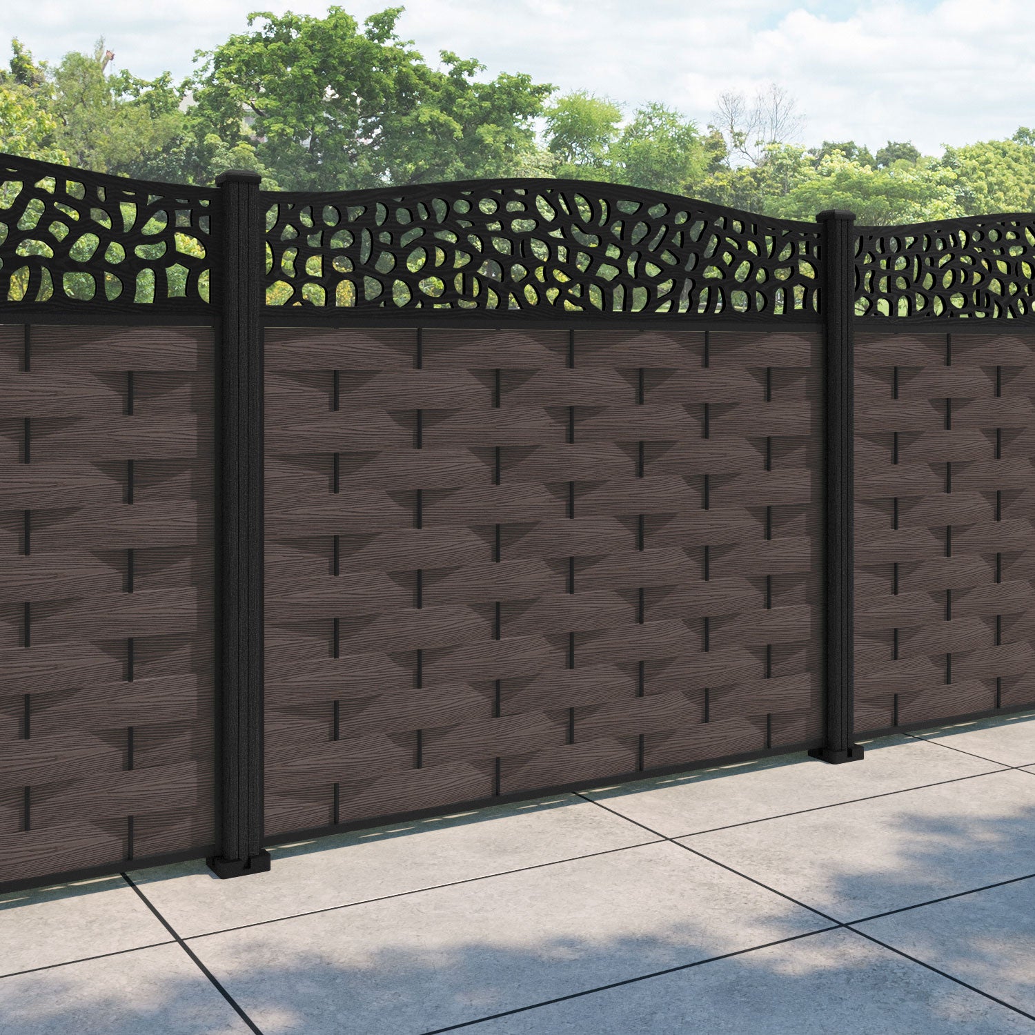 Ripple Pebble Curved Top Fence Panel - Mid Brown - with our composite posts