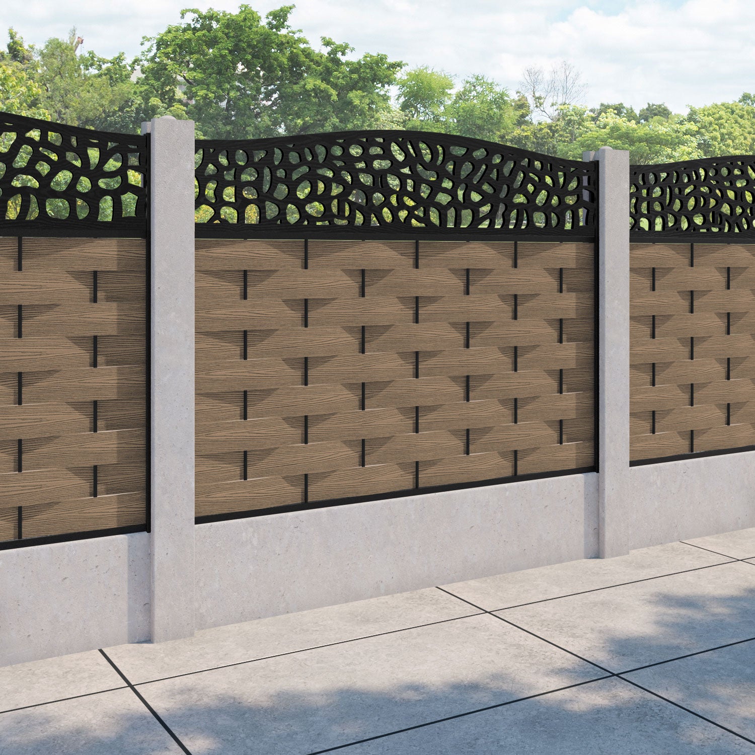 Ripple Pebble Curved Top Fence Panel - Teak - for existing concrete posts