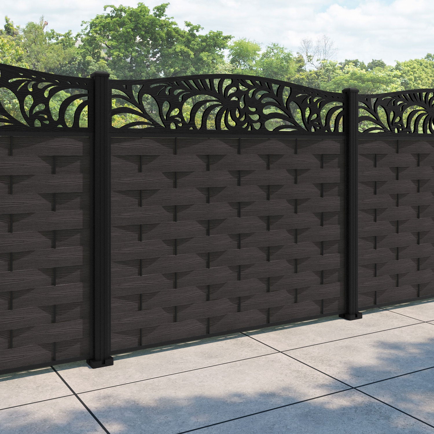 Ripple Petal Curved Top Fence Panel - Dark Oak - with our aluminium posts