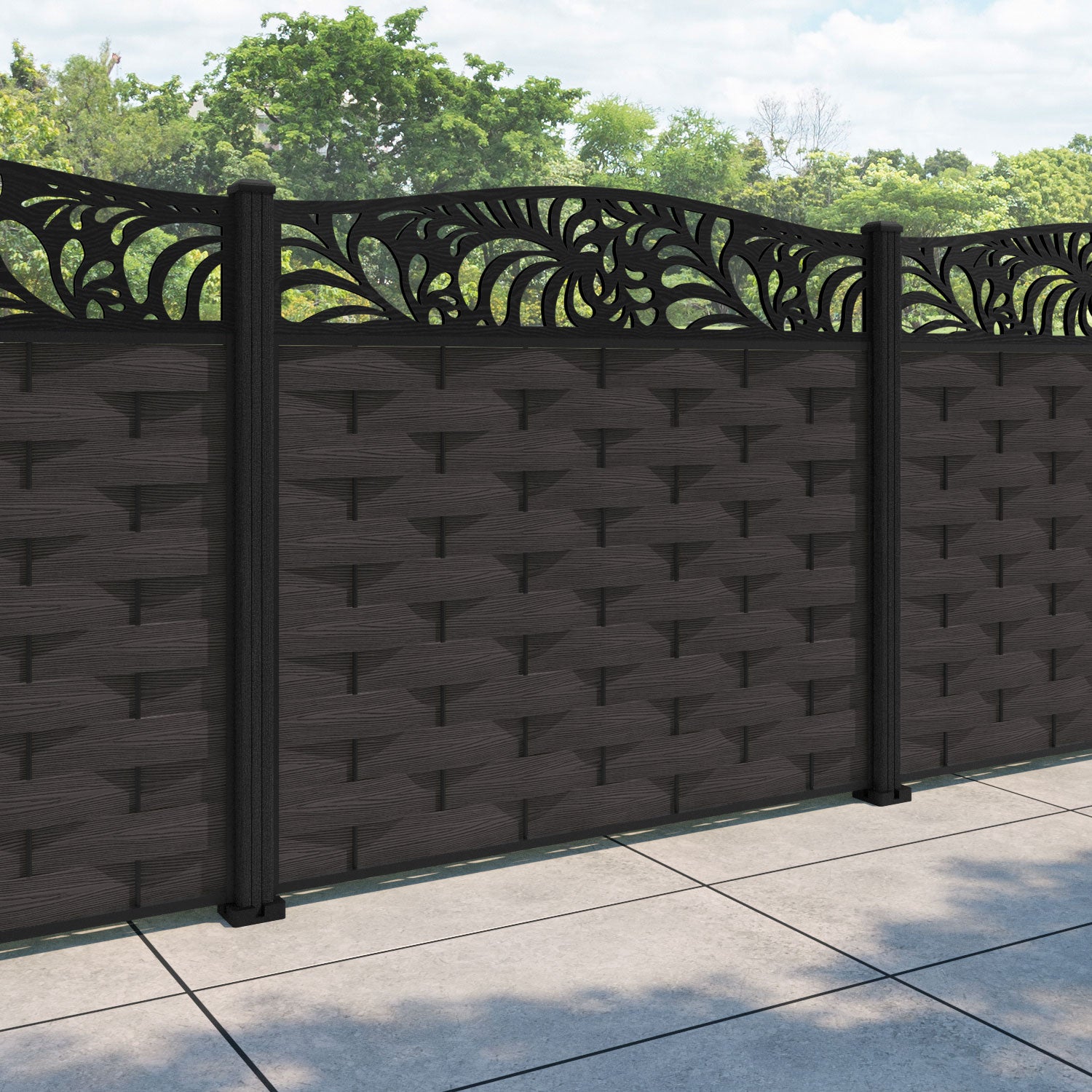Ripple Petal Curved Top Fence Panel - Dark Oak - with our composite posts