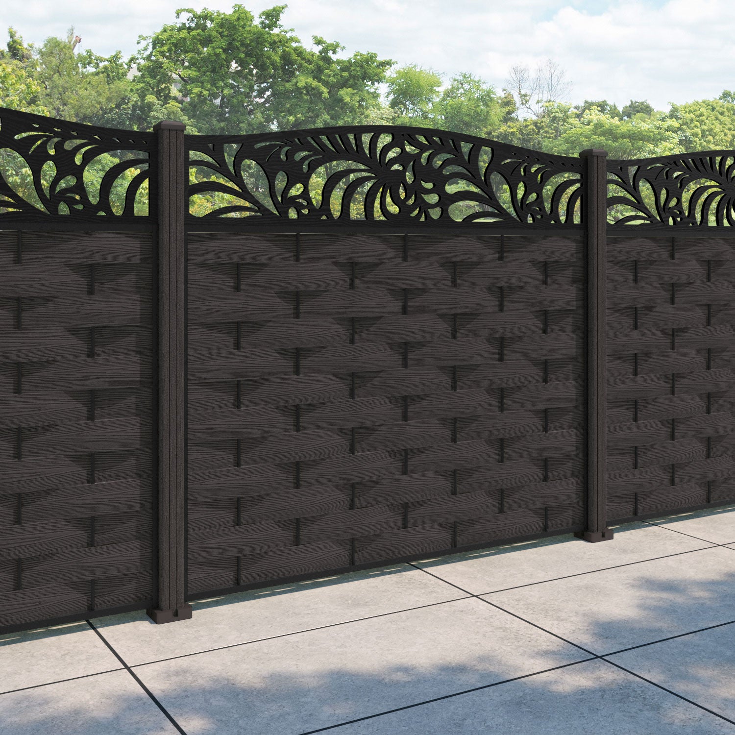 Ripple Petal Curved Top Fence Panel - Dark Oak - with our composite posts