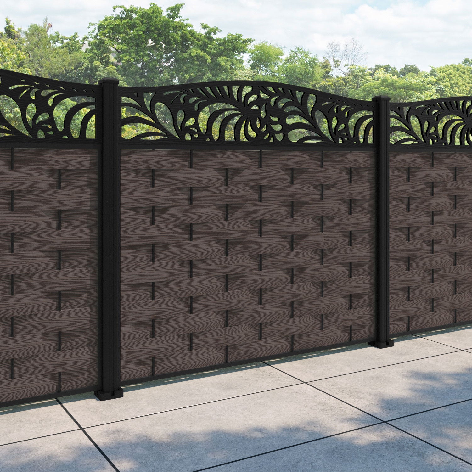 Ripple Petal Curved Top Fence Panel - Mid Brown - with our aluminium posts