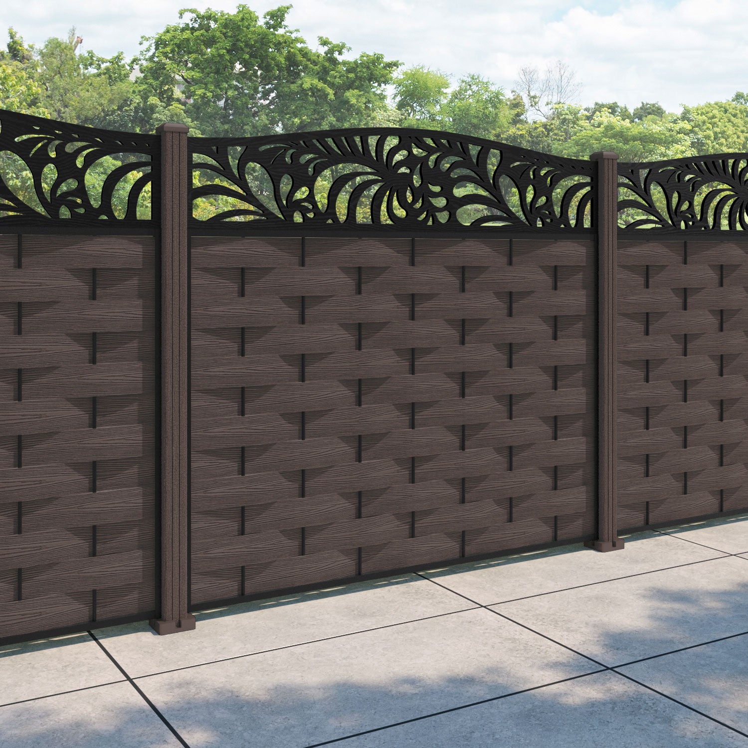 Ripple Petal Curved Top Fence Panel - Mid Brown - with our composite posts