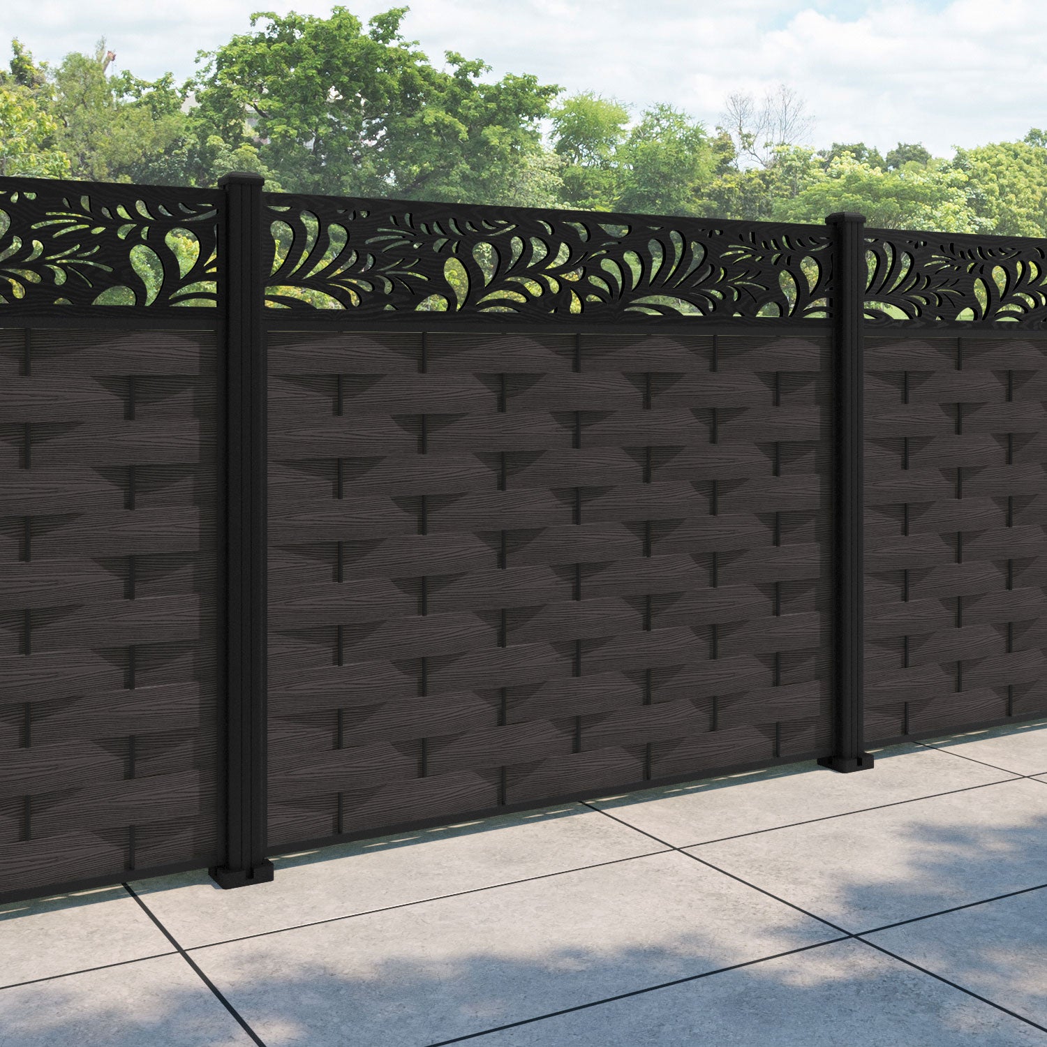 Ripple Petal Fence Panel - Dark Oak - with our aluminium posts