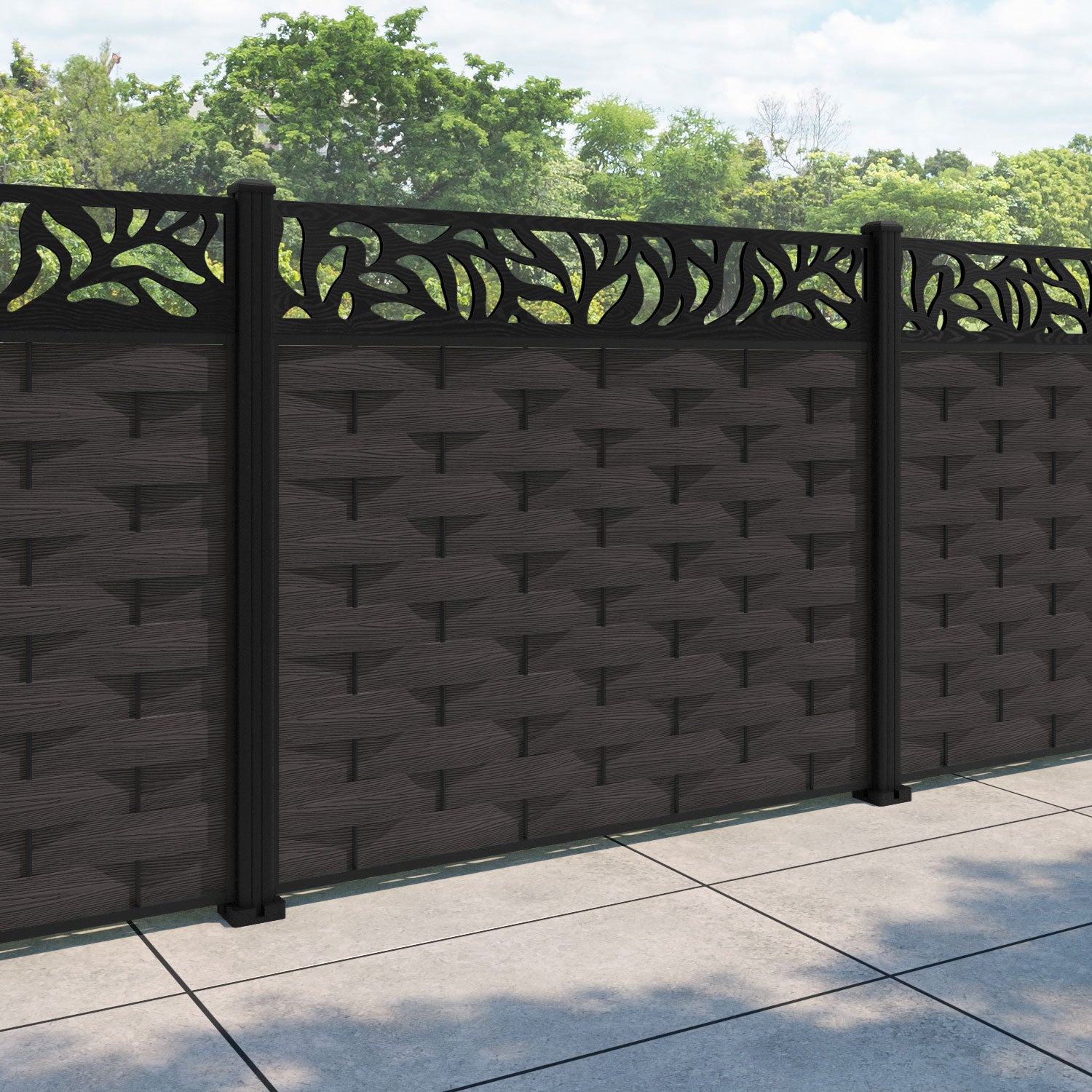 Ripple Plume Fence Panel - Dark Oak - with our aluminium posts