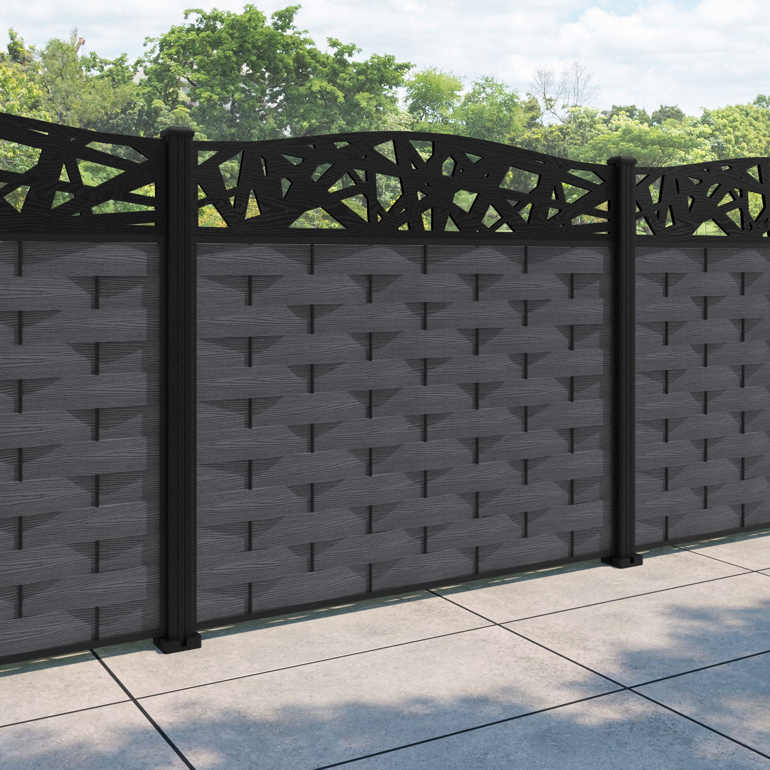 Ripple Prism Curved Top Fence Panel - Dark Grey - with our aluminium posts