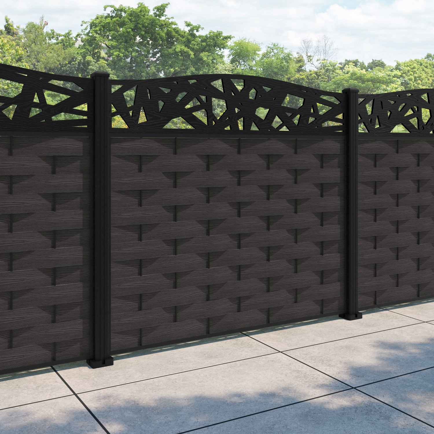 Ripple Prism Curved Top Fence Panel - Dark Oak - with our aluminium posts