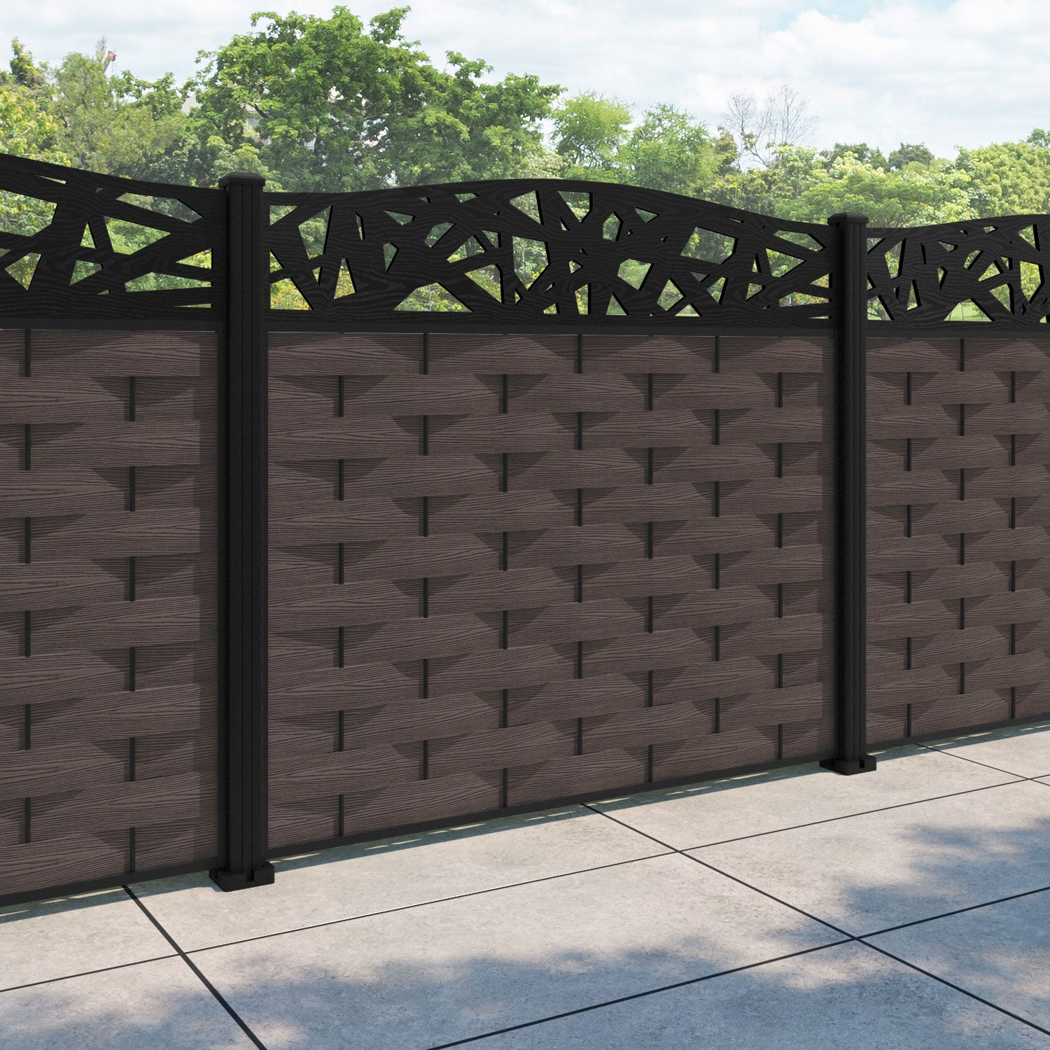 Ripple Prism Curved Top Fence Panel - Mid Brown - with our aluminium posts