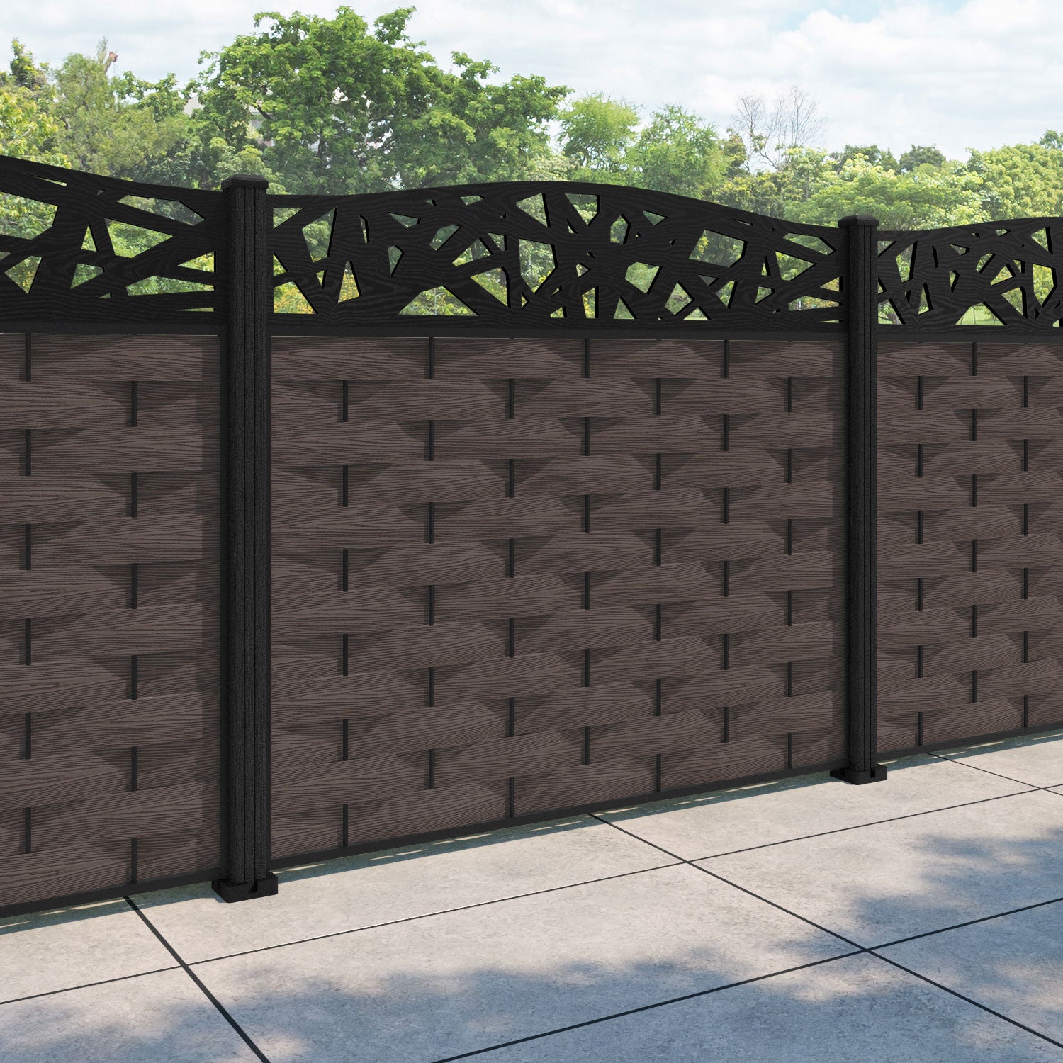 Ripple Prism Curved Top Fence Panel - Mid Brown - with our composite posts