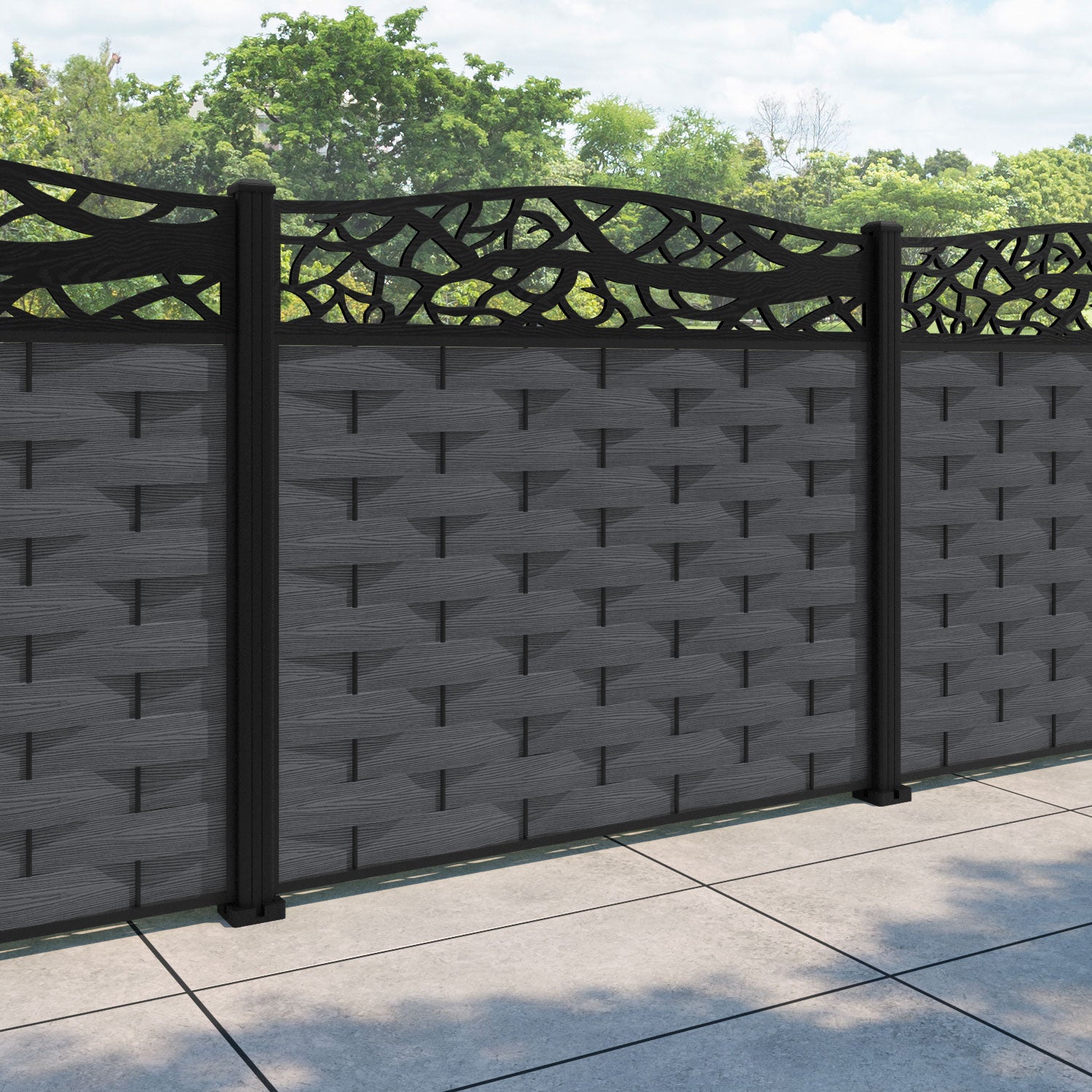Ripple Twilight Curved Top Fence Panel - Dark Grey - with our aluminium posts